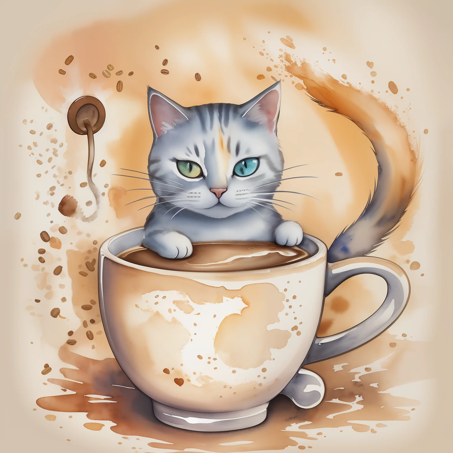 In a watercolor painting style, a cheerful cat balances a cup of coffee on its tail, with the caption "Caffeine and Cattitude" – a lighthearted and amusing t-shirt design for coffee-loving cat enthusiasts.