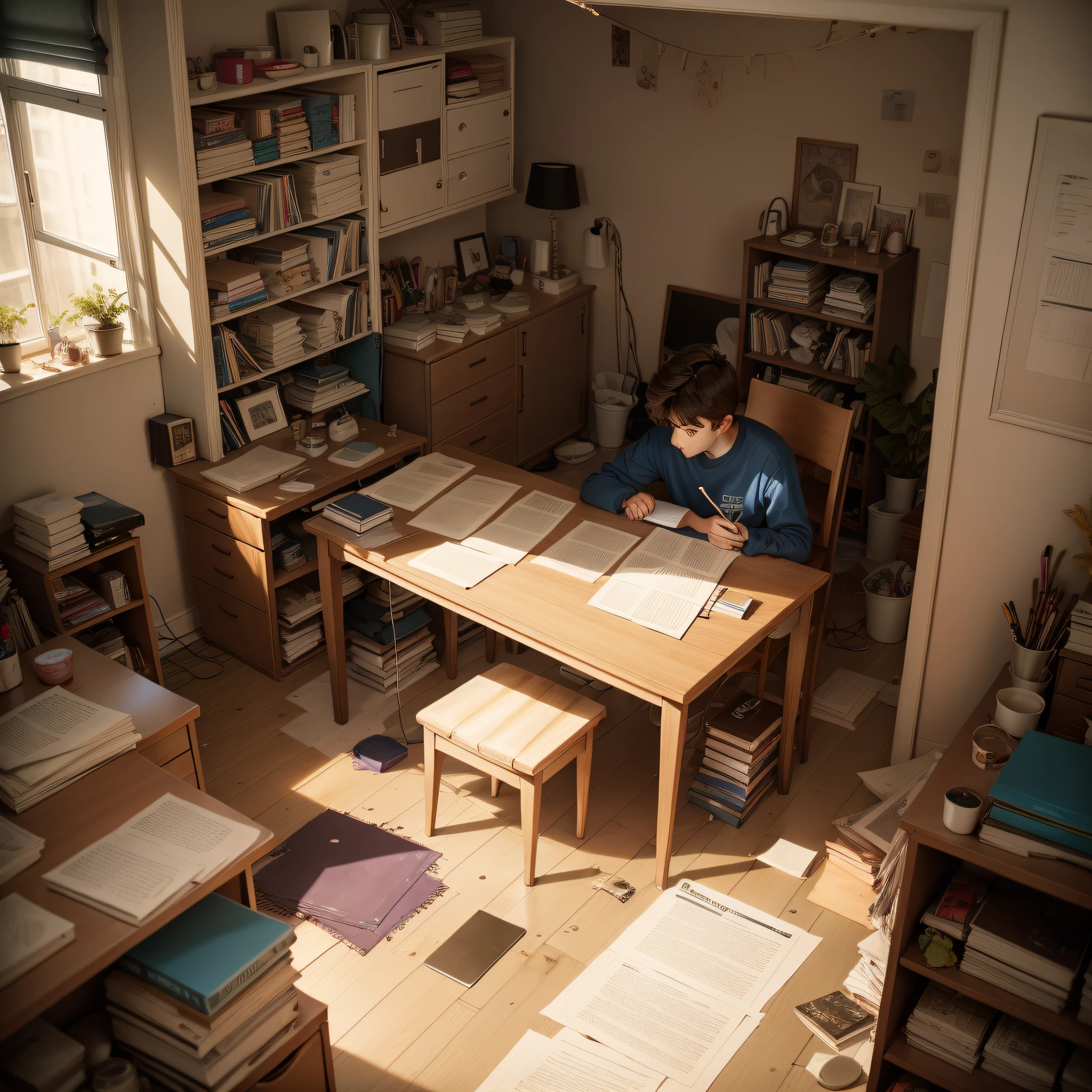 A Teenager In His Bedroom Sitting In Front Of The Desk Studying. The room is messy