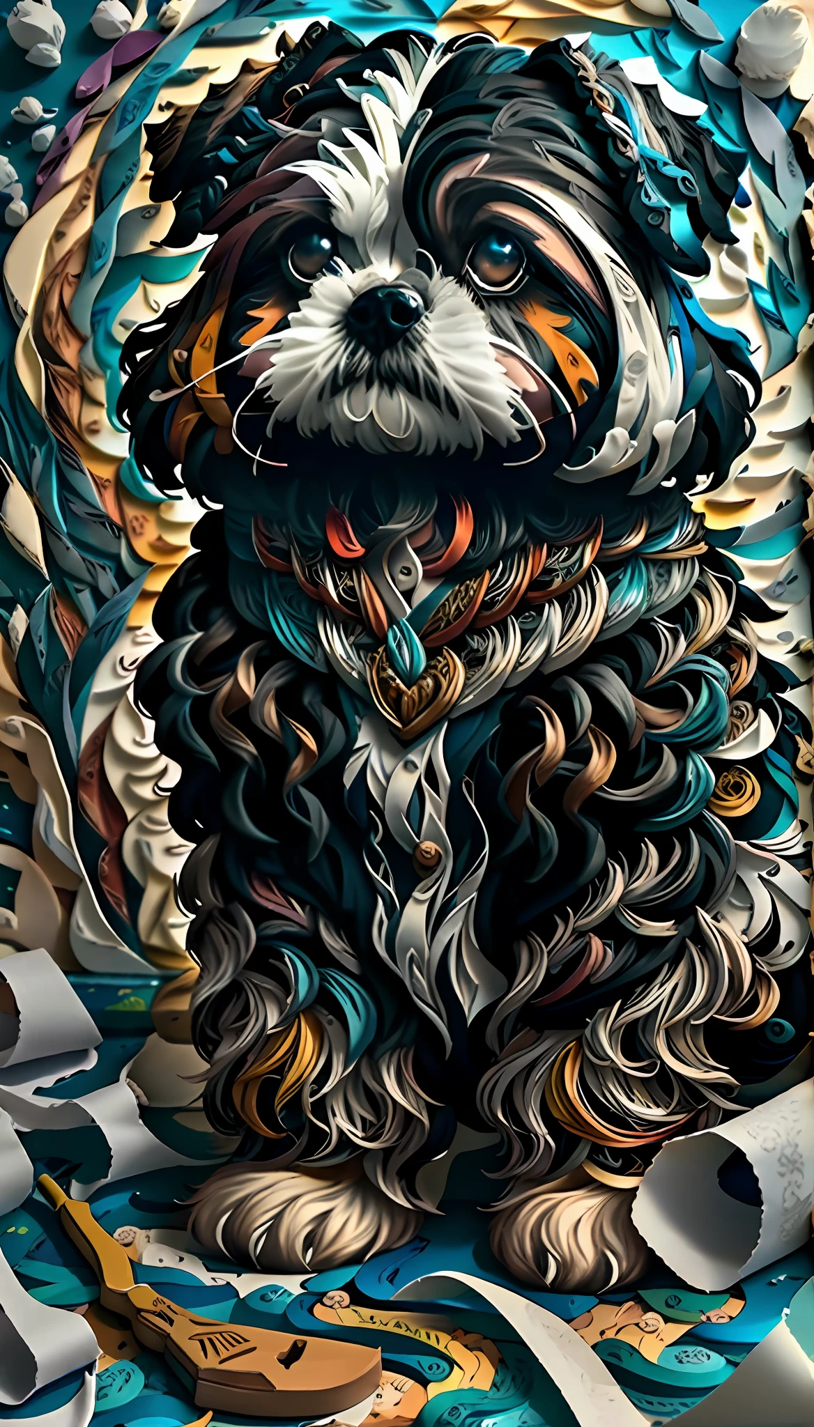 Dog shih tzu black fur with white details, papel multi dimensional quilling, arte,
yang08k, lindo, colorido,
obras-primas, qualidade superior, melhor qualidade, arte oficial, beautiful and aesthetic, 8k uhd