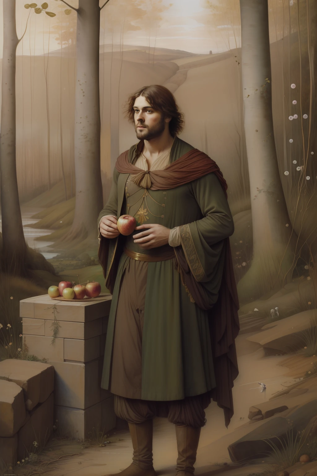 (((Pre Raphaelie Painting))) homem selvagem coberto de folhas de outono, holds an apple, miserable clothes, homem velho, barba branca, louco da floresta, paisagem celta, Floresta encantada, roupa rasgada, homem celta pobre, rustic man, macieiras, Mendigo, accompanied by a doe, ((efeito fada)) fadas, many small, diaphanous fairies