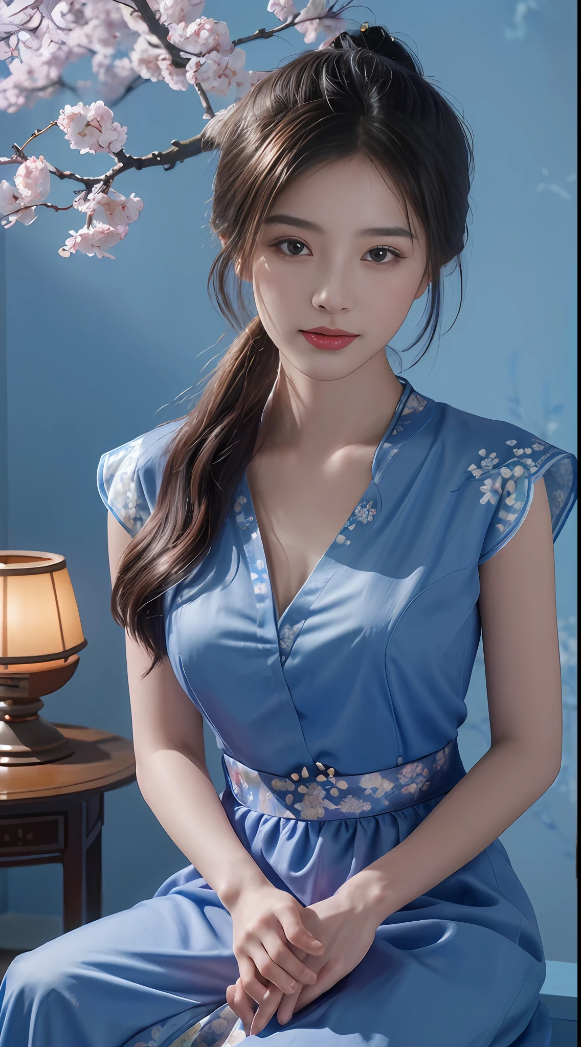 (Best quality, Detailed details, Masterpiece, , 4K, Chiaroscuro，The photos are super realistic and realistic, Highly detailed Canon videography )Blue background, inside is a plum blossom tree, painted in ink, beautiful woman wearing a long blue-blue dress, a bit of Chinese style, blue and white porcelain vase, a few plum blossoms inserted inside