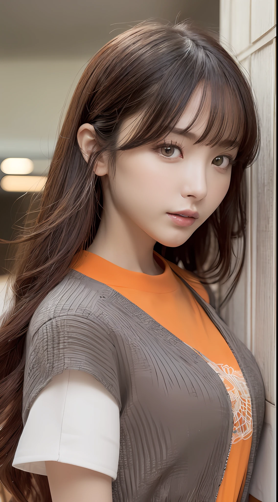 ​masterpiece、1 Beautiful Girl、A detailed eye、Puffy eyes、top-quality, 超A high resolution, (Realisticity: 1.4), cinematlic lighting、japanes、Asian Beauty、Super beauty、Beautiful skin、A slender、the body is facing forward、(A hyper-realistic)、(hight resolution)、(8K)、(ighly detailed)、(Best Illustration)、(beautifully detailed eyes)、(ultra-detailliert)、 (wall-paper)、A detailed face、Bright lighting、profetional lighting、looking at viewert、Facing straight ahead、The outfit is a neat light orange shirt and dress.、46-point diagonal bangs、nighttime scene、Black hair(Partially orange hair with mesh)、nogizaka４６、