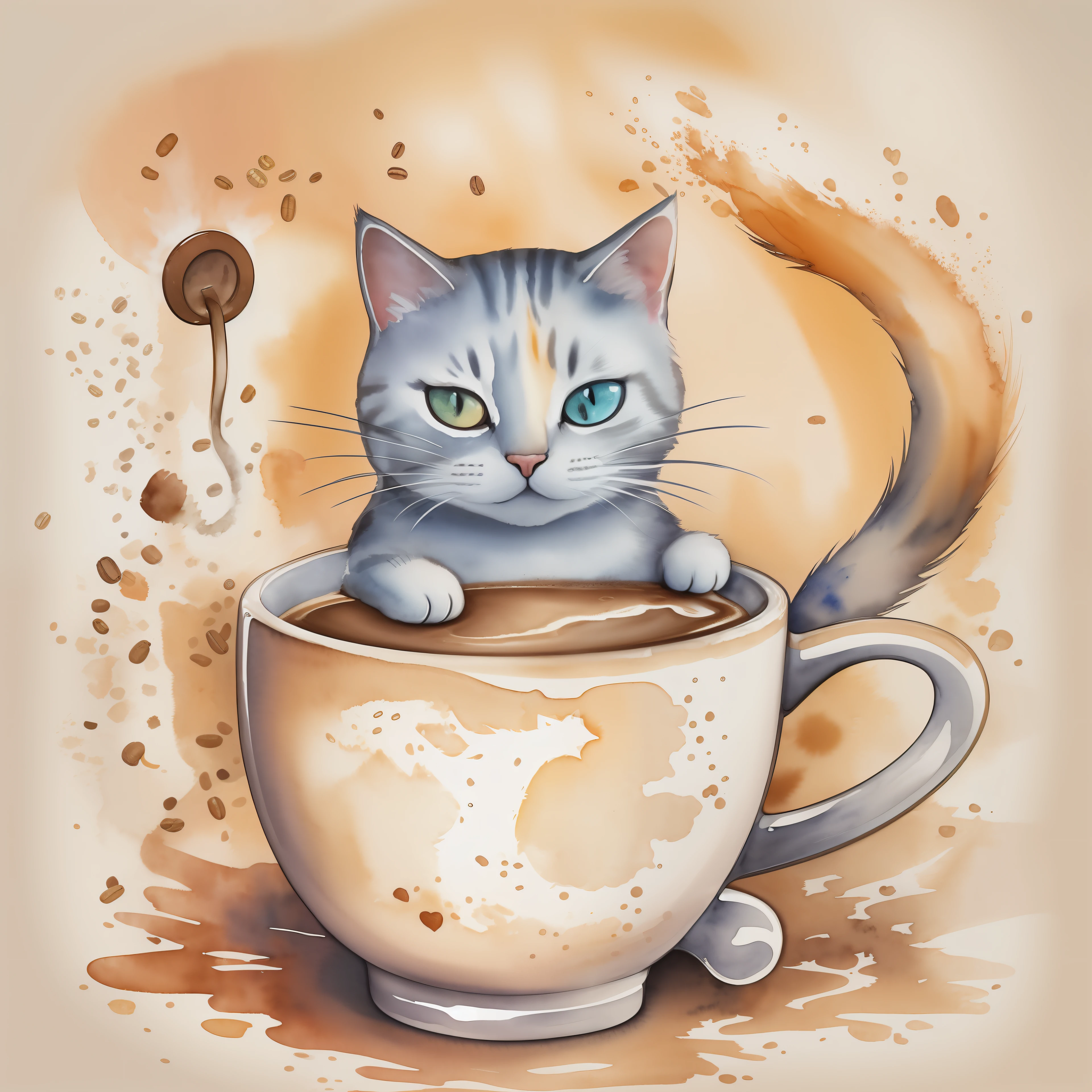 In a watercolor painting style, a cheerful cat balances a cup of coffee on its tail, with the caption "Caffeine and Cattitude" – a lighthearted and amusing t-shirt design for coffee-loving cat enthusiasts.
