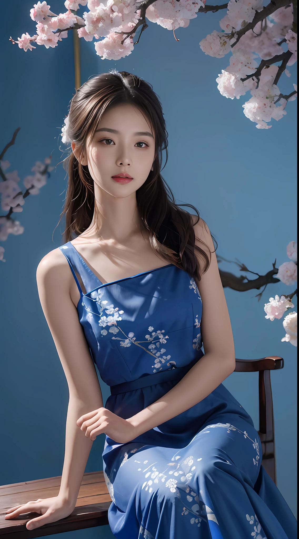 (Best quality, Detailed details, Masterpiece, , 4K, Chiaroscuro，The photos are super realistic and realistic, Highly detailed Canon videography )Blue background, inside is a plum blossom tree, painted in ink, beautiful woman wearing a long blue-blue dress, a bit of Chinese style, blue and white porcelain vase, a few plum blossoms inserted inside