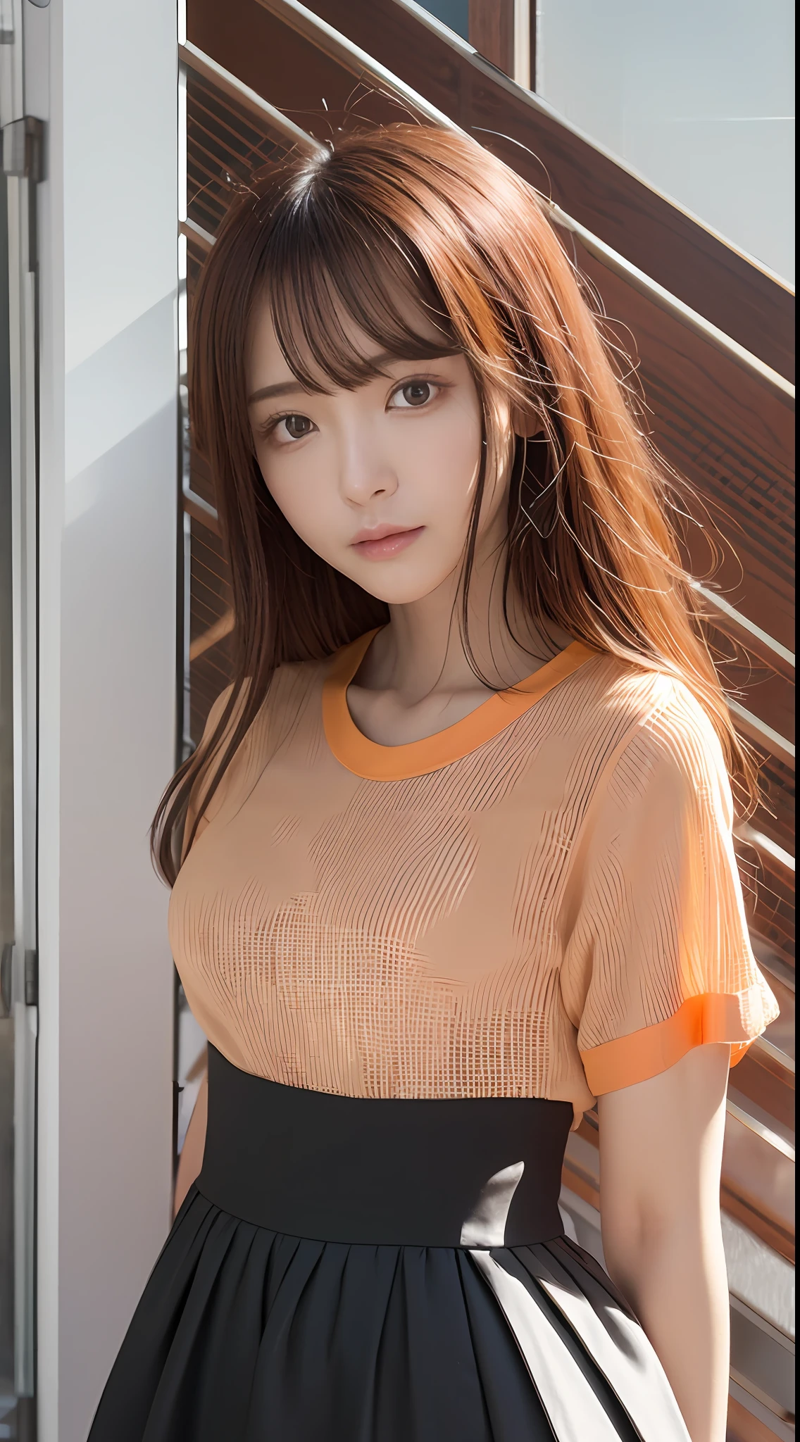masterpiece、1 Beautiful Girl、A detailed eye、Puffy eyes、top-quality, 超A high resolution, (Realisticity: 1.4), cinematlic lighting、japanes、Asian Beauty、Super beauty、Beautiful skin、A slender、the body is facing forward、(A hyper-realistic)、(hight resolution)、(8K)、(ighly detailed)、(Best Illustration)、(beautifully detailed eyes)、(ultra-detailliert)、 (wall-paper)、A detailed face、Bright lighting、profetional lighting、looking at viewert、Facing straight ahead、The outfit is a neat light orange shirt and dress.、46-point diagonal bangs、nighttime scene、Black hair(Partially orange hair with mesh)、nogizaka46、