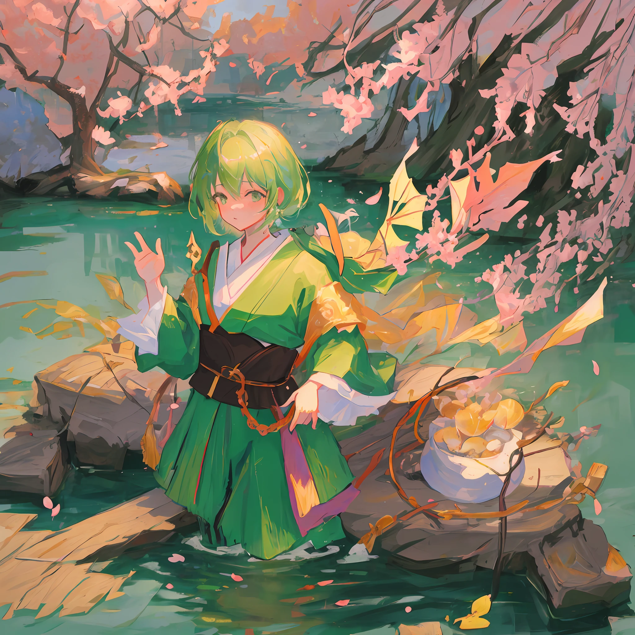 Drawing of a dragon craftsman drawing drawing making a painting of a human being who is wearing Green with leather costumes in the Middle Ages in a harmonic landscape with cherry blossoms falling into a lake