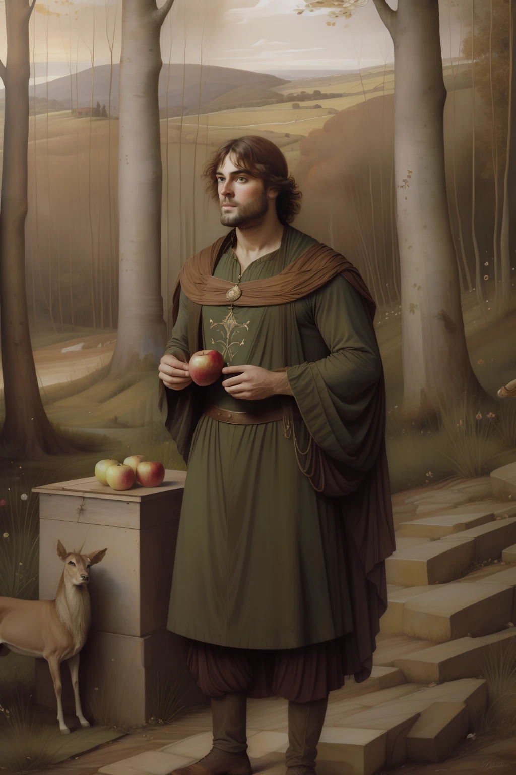 (((Pre Raphaelie Painting))) homem selvagem coberto de folhas de outono, holds an apple, miserable clothes, homem velho, barba branca, louco da floresta, paisagem celta, Floresta encantada, roupa rasgada, homem celta pobre, rustic man, macieiras, Mendigo, accompanied by a doe, ((efeito fada)) Fadas, Diaphanous fairies, Pontos de Luz Feeric.