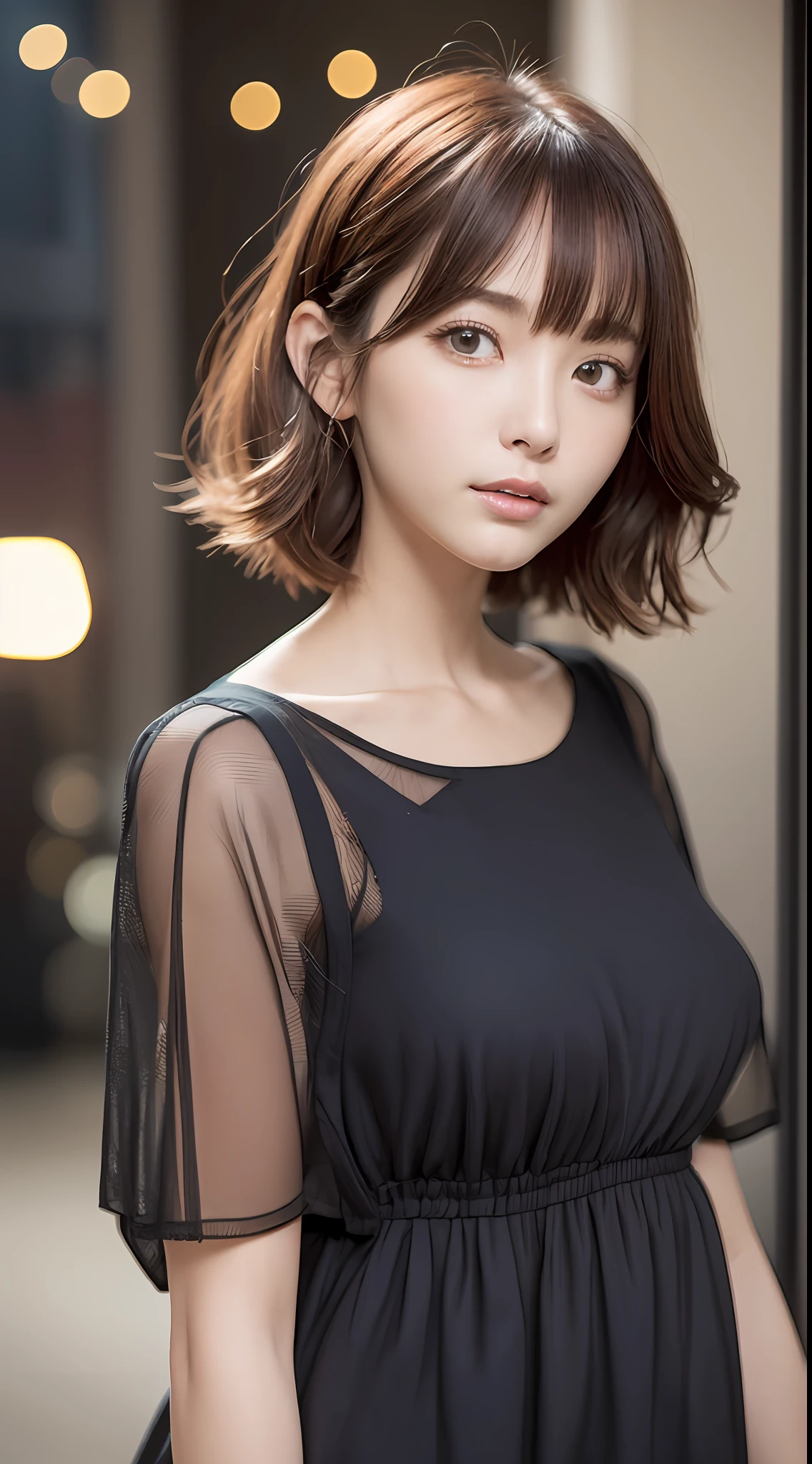 masterpiece、1 Beautiful Girl、A detailed eye、Puffy eyes、top-quality, 超A high resolution, (Realisticity: 1.4), cinematlic lighting、japanes、Asian Beauty、Super beauty、Beautiful skin、A slender、the body is facing forward、(A hyper-realistic)、(hight resolution)、(8K)、(ighly detailed)、(Best Illustration)、(beautifully detailed eyes)、(ultra-detailliert)、 (wall-paper)、A detailed face、Bright lighting、profetional lighting、looking at viewert、Facing straight ahead、The outfit is a neat light orange shirt and dress.、46-point diagonal bangs、nighttime scene、Black hair(Partially orange hair with mesh)、nogizaka46、