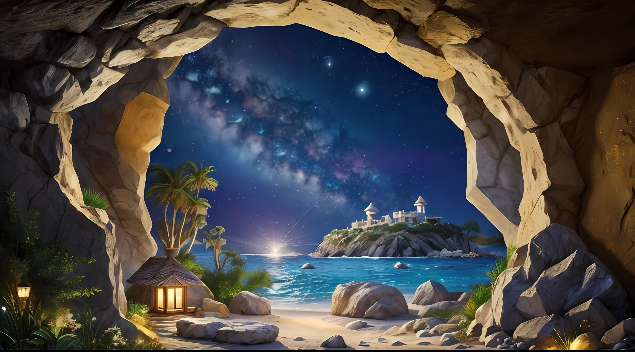 treasure island; starry sky at night; Stone Grotto; treasure with gold and jewelry np floor; children's style --auto --s2
