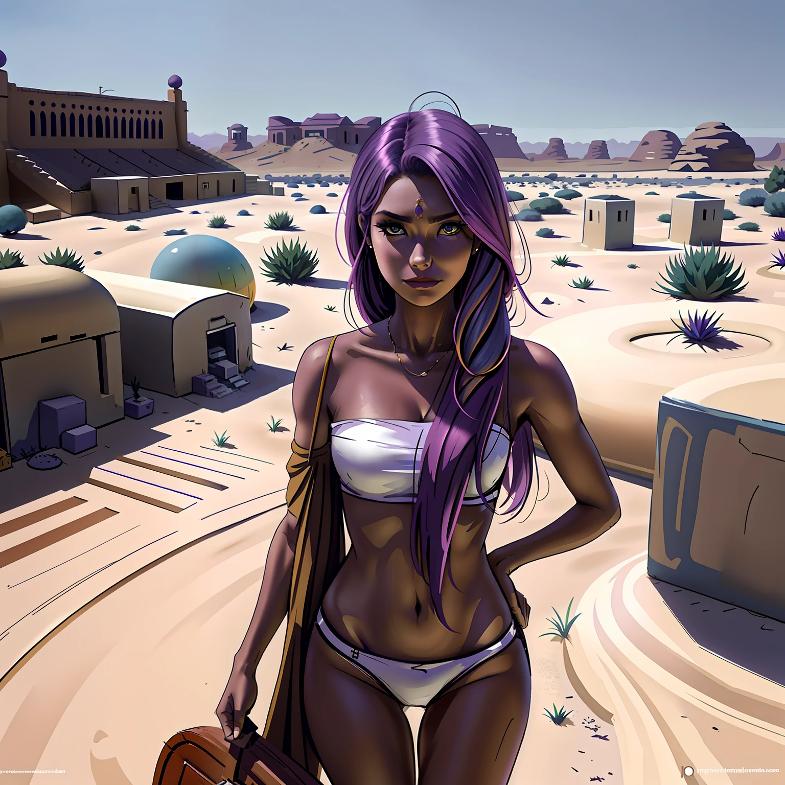 chica de cuerpo entero vestida de oficina su cabello es de color violeta camina pensatica por un palacio del desierto