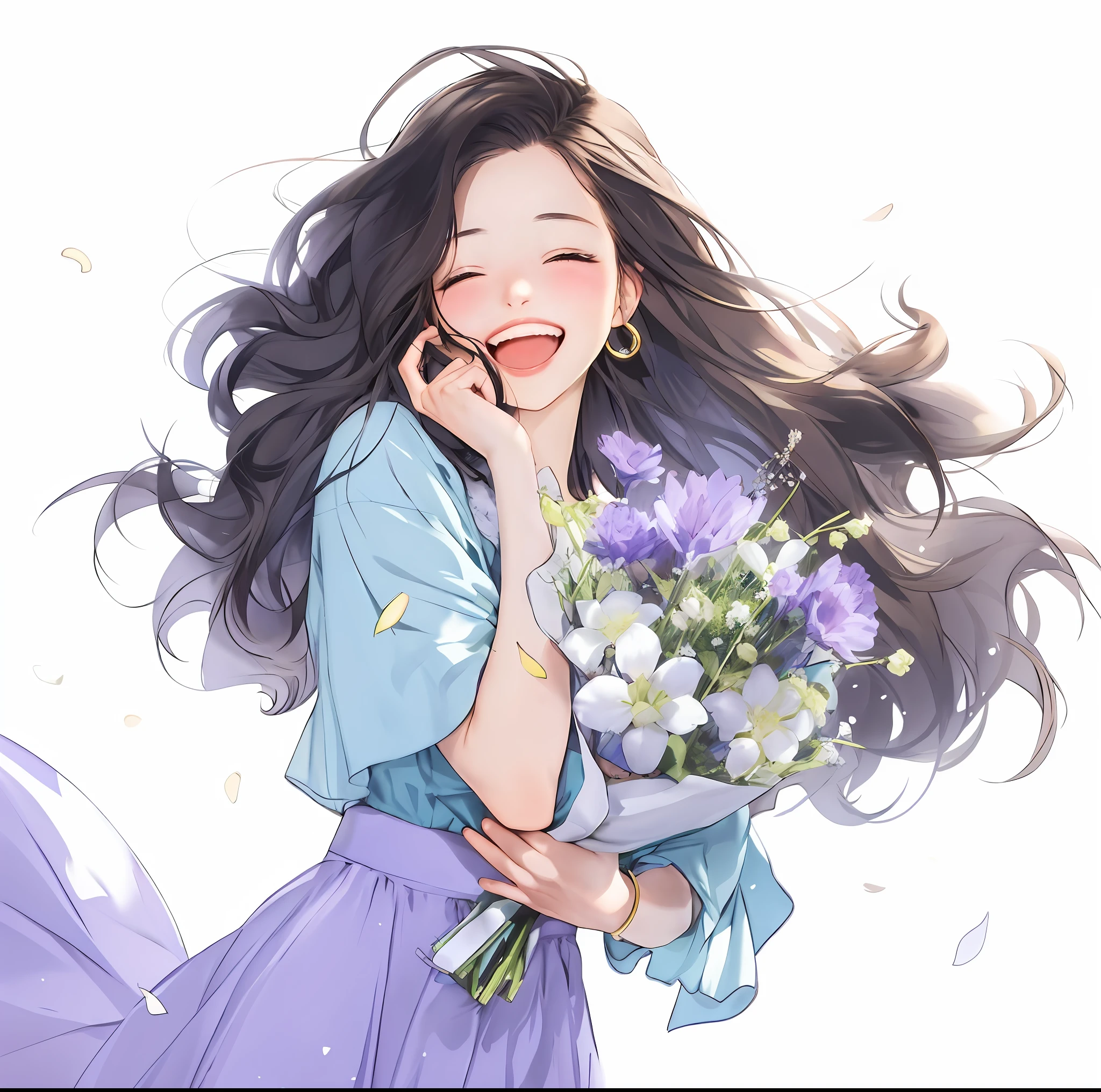 Anime girl holding flowers in her hand,With a smile on his face, With flowers, Guviz, she expressing joy, beautiful and smiling, laughing sweetly, Lovely smile, with a beautiful smile, Middle Metaverse, by Yang J, happy and spirited expression, and she smiling,Very happy, Guviz-style artwork