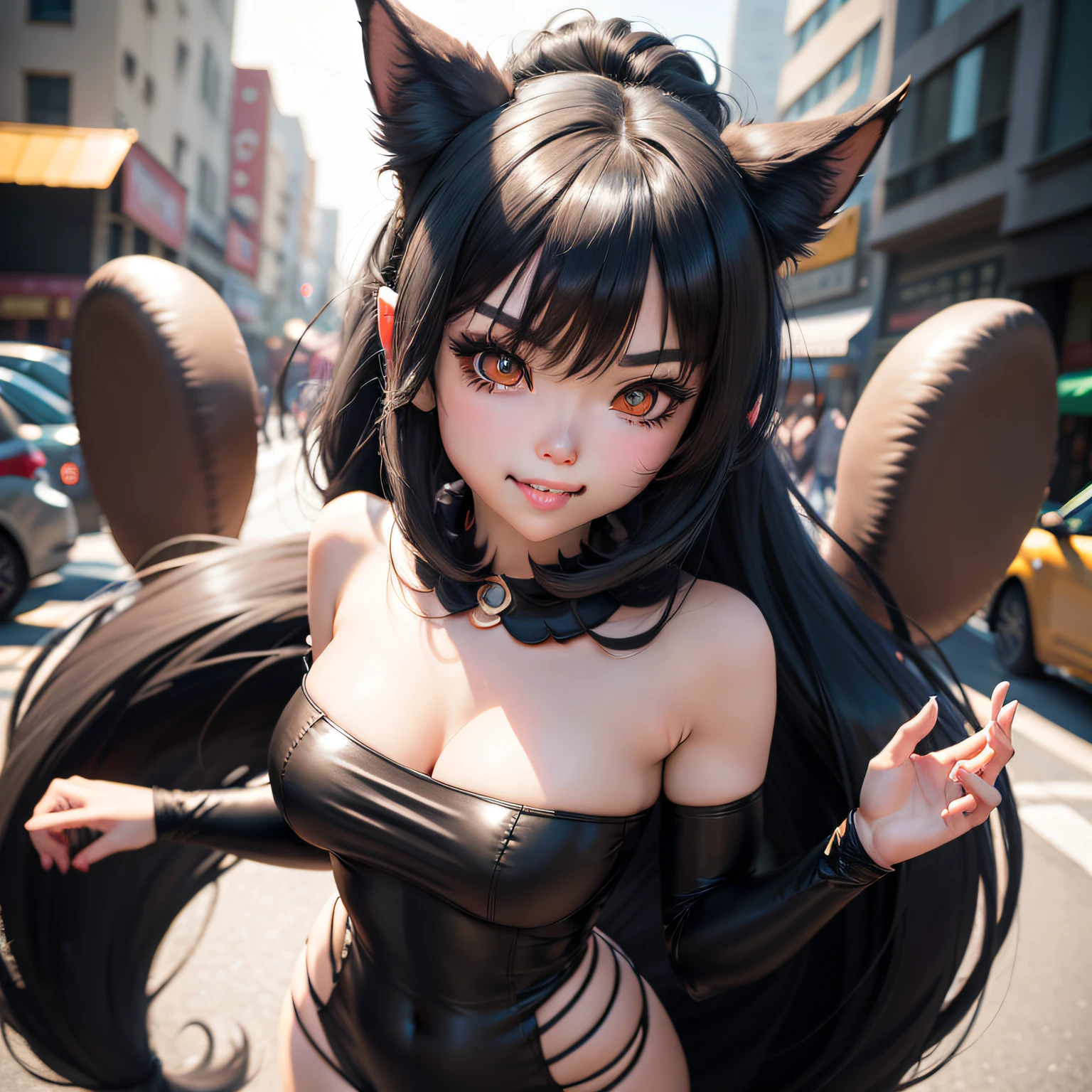 black hair, hair bobbles, longeyelashes, solid circle eyes, fake animal ears, ear blush, fang, fully body photo, long leges, ssmile, Cute face, Surrealism, drop shadow, anaglyph, stereogram, tachi-e, pov, atmospheric perspective, 8k, super detail, ccurate, best quality