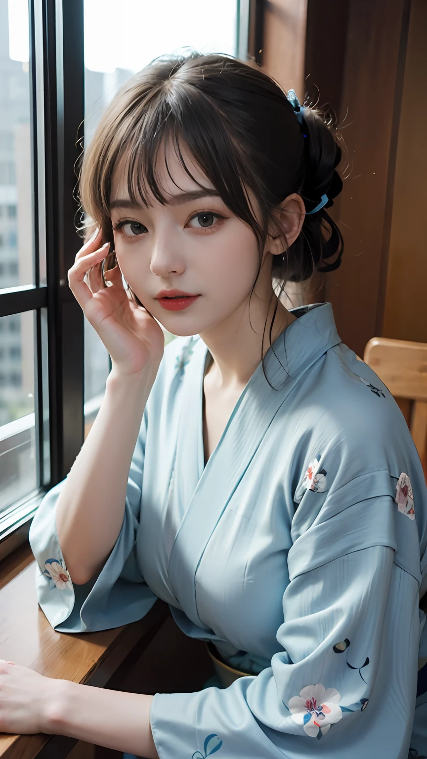 (8k, RAW photo, best quality, masterpiece:1.2), (realistic, photo-realistic:1.4), (extremely detailed CG unity 8k wallpaper), (1 girl:1.5), (realistic hands), (detail hands), (detail finger), (in the window of the 20th floor hotel building), Japan style beauty, (Light blue clothes: 1.4), red spots on forehead, pale skin, blush, big eyes, half body, potrait, nice pose, light blue kimono, kimono girl, omnyoji, kagura,