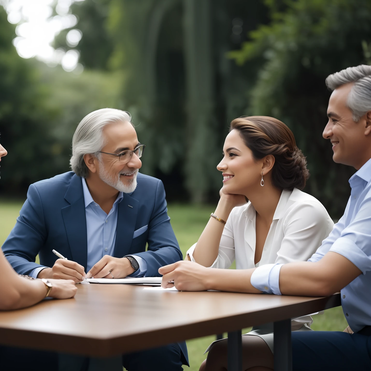 Three people sitting at a table with papers and pens, group sit at table, foto de retrato, fundo interessante, Divirta-se, in meeting together, divertindo-se, sitting on table, sentado em uma mesa, Business meeting, ao ar livre, in a scenic background, cool looking, people at the table, um grupo de pessoas, Beautiful image, candid shot
