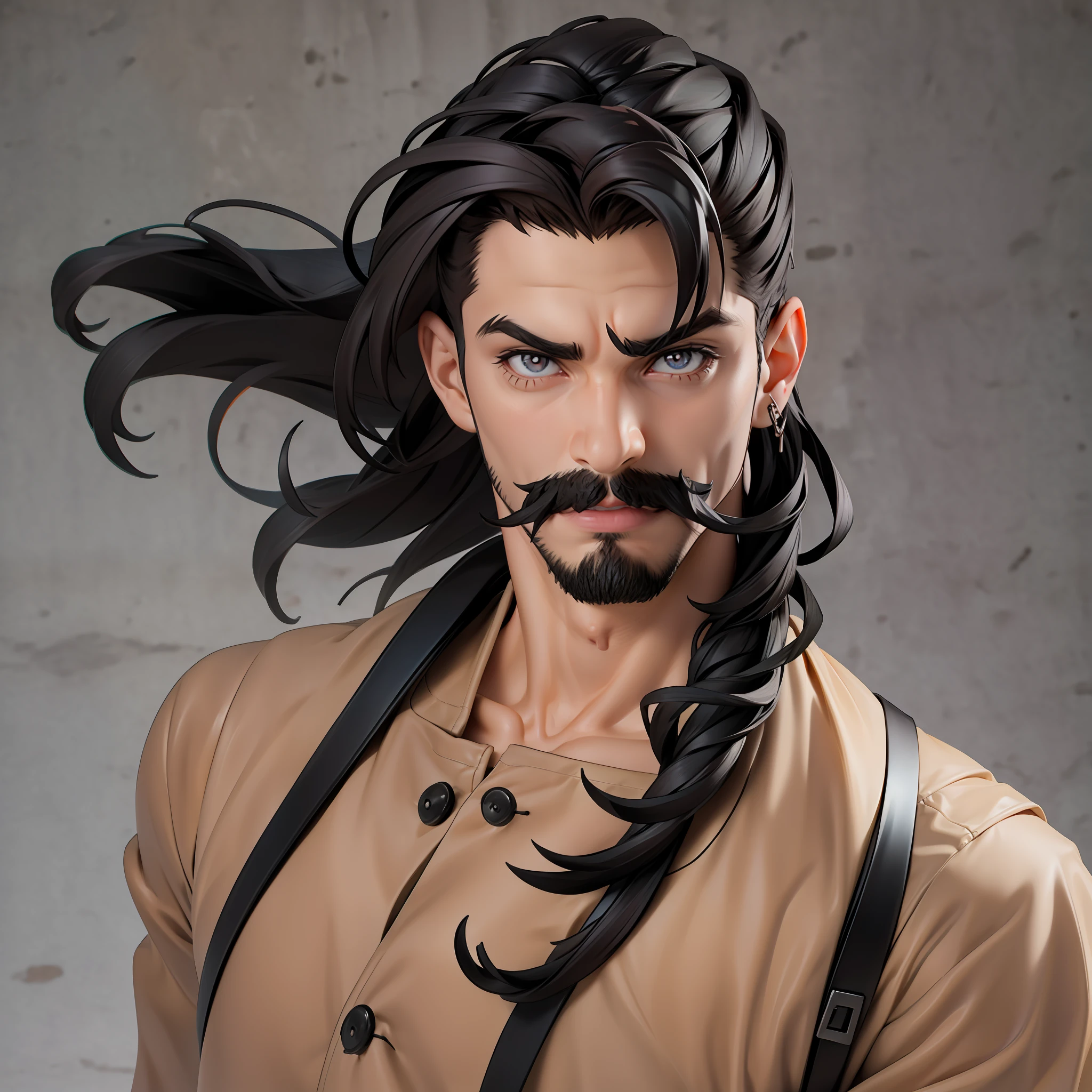 ( busto ) Latino 18yo homem muito bonito rosto ligeiramente castanho escuro pele muito curto cabelo cacheado corte nas laterais em um estilo mullet, sobrancelhas grossas, olhos grandes, bigode grosso que a boca sem brinco de barba na orelha regata preta top ombros grandes