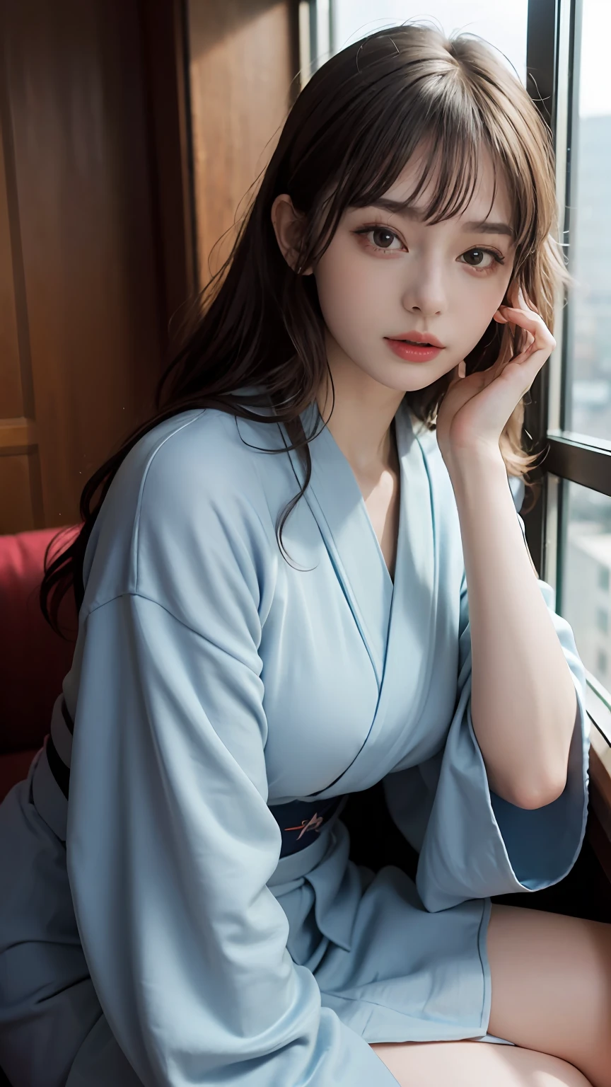(8k, RAW photo, best quality, masterpiece:1.2), (realistic, photo-realistic:1.4), (extremely detailed CG unity 8k wallpaper), (1 girl:1.5), (realistic hands), (detail hands), (detail finger), (in the window of the 20th floor hotel building), Japan style beauty, (Light blue clothes: 1.4), red spots on forehead, pale skin, blush, big eyes, half body, potrait, nice pose, light blue kimono, kimono girl, omnyoji, kagura,