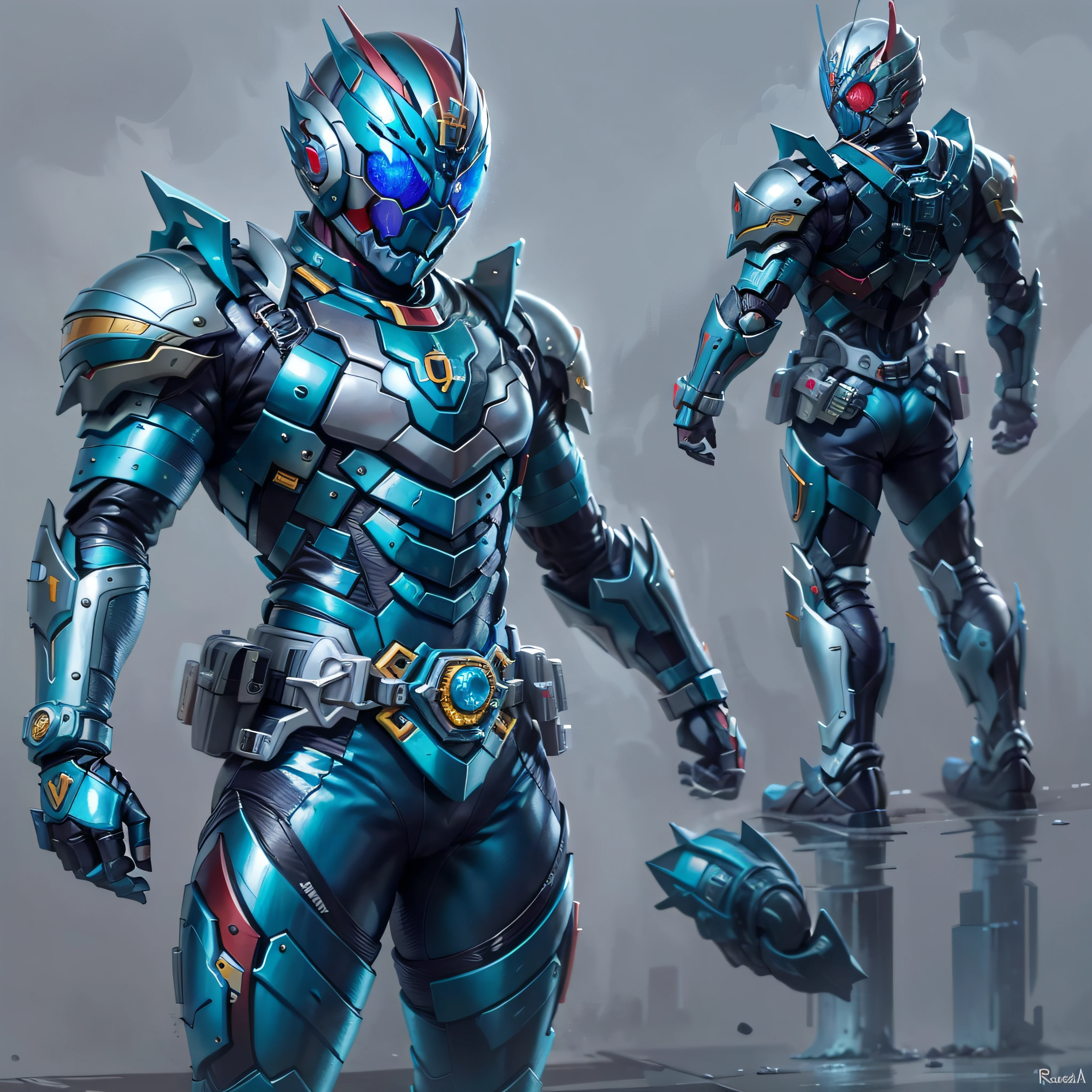 Blue Kamen Rider, Armadura prateada, roupa cinzenta e preta, blue TechSuit, agente secreto, Roboto