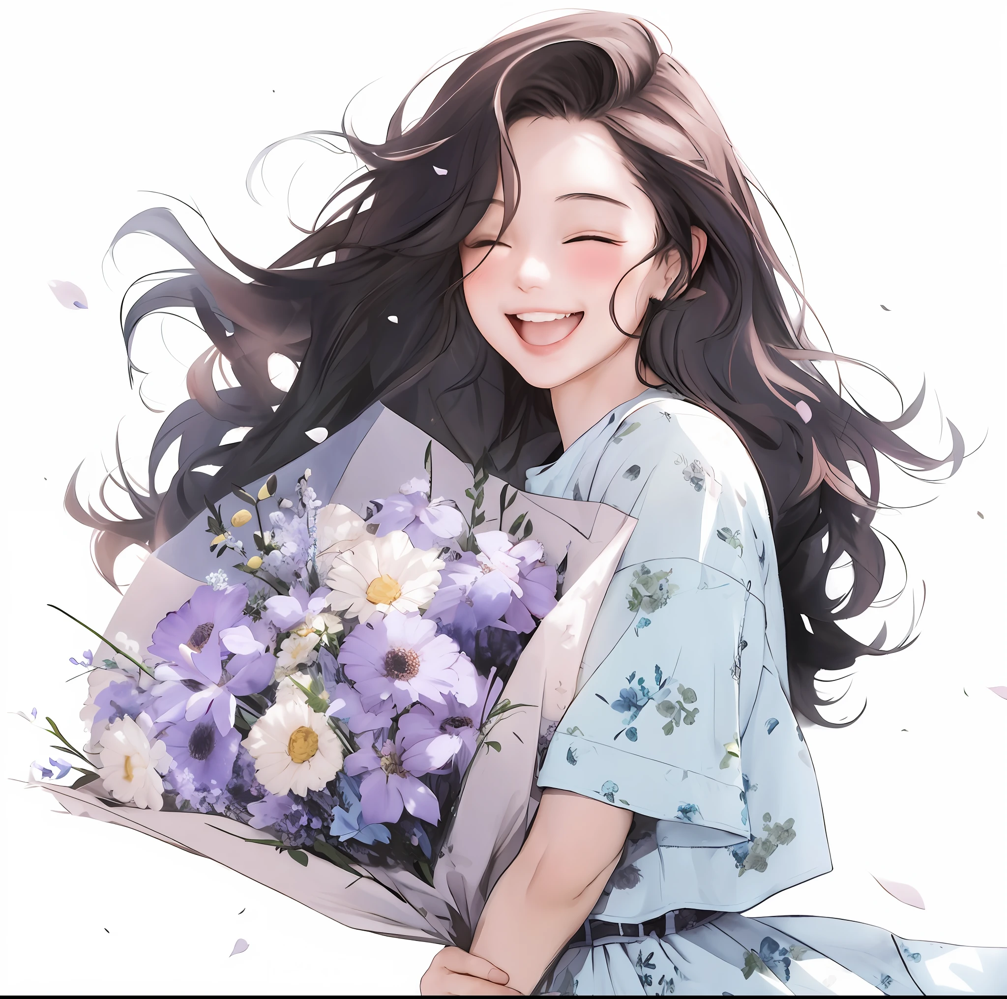 Anime girl holding flowers in her hand，With a smile on his face, With flowers, Guviz, she expressing joy, beautiful and smiling, laughing sweetly, Lovely smile, with a beautiful smile, Middle Metaverse, by Yang J, happy and spirited expression, and she smiling，Very happy, Guviz-style artwork