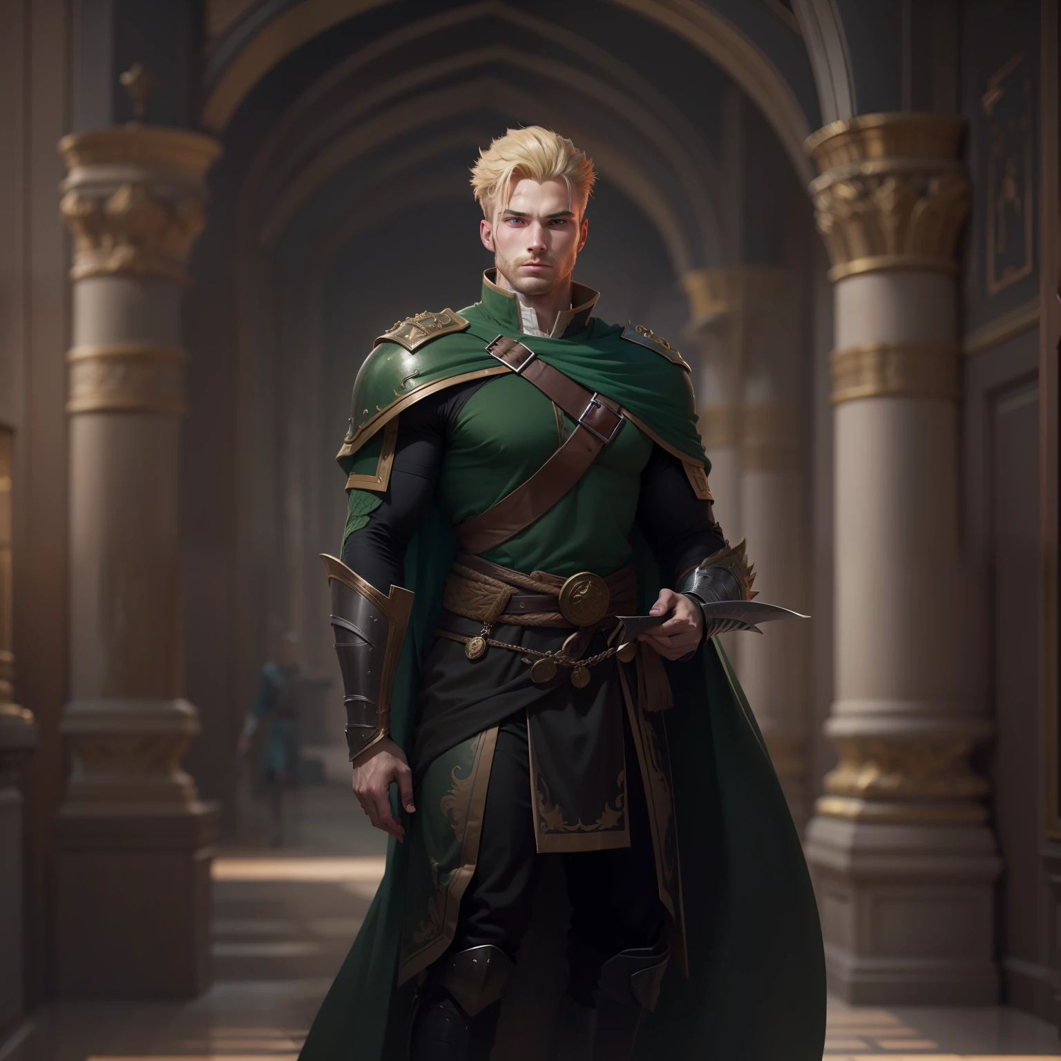 realistic image of a blond man with short hair, 30 years old, handsome, strong, green eyes, dressed in black RPG warrior attire with dark green shoulder pads, standing in a large hall of a royal palace