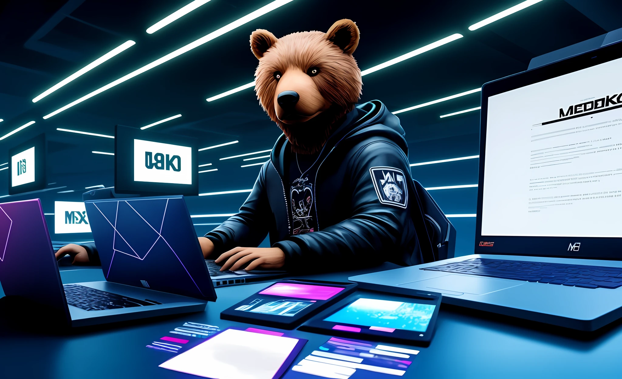 um hacker urso (animal) em roupas cyberpunk, mexendo em um notebook, with the screen of the chart indicators pointing upwards, with multiple laptops connected. Ultra-realista, 8k.