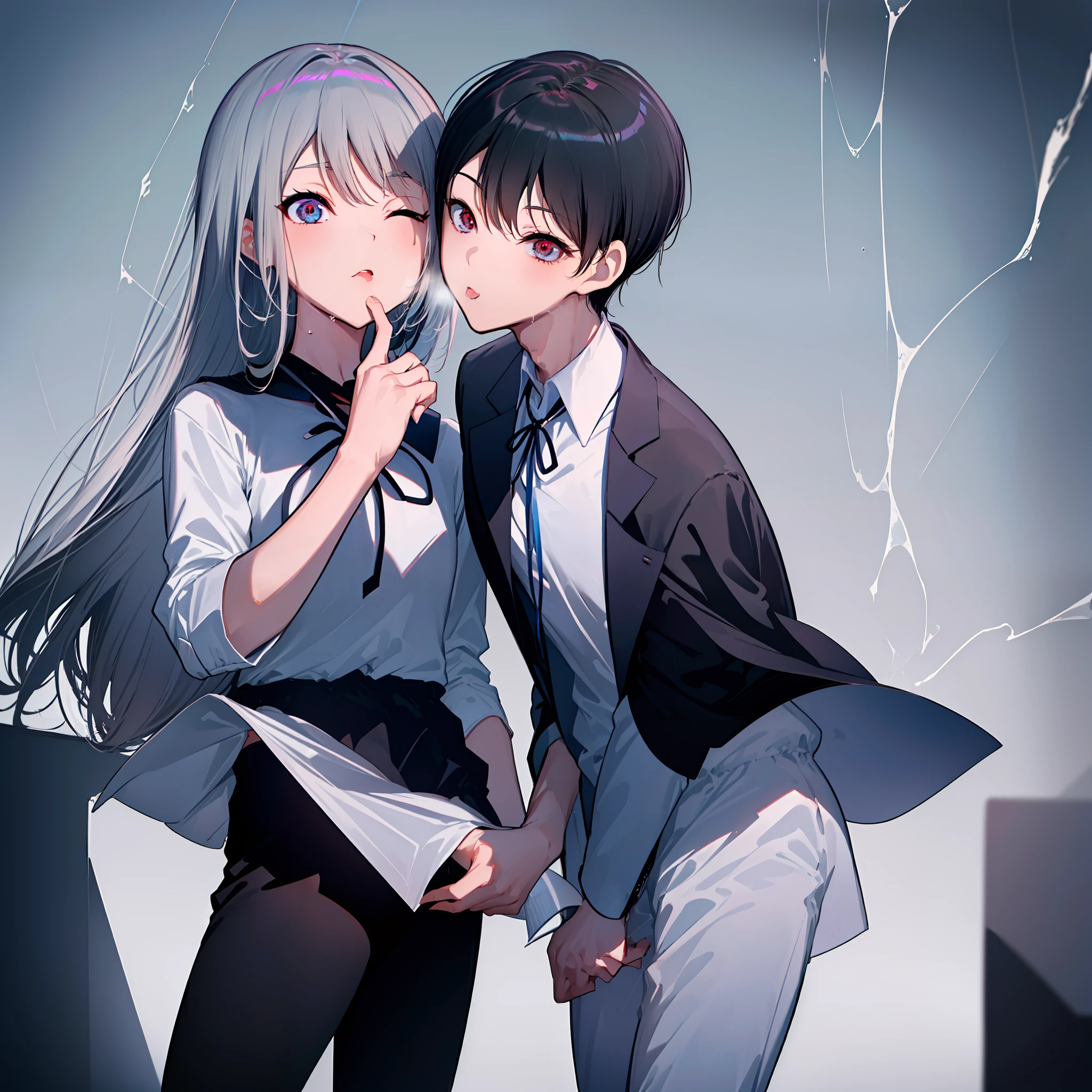 (((obra-prima))), (((melhor qualidade))), (((1Menina))), (((1menino))), alto, ((((((1boy with short black hair and 1girl with long gray hair are kissing)))))), ((((1girl she has gray hair with blue eyes and 1boy he has short black hair with red eyes who are classmates)))), ((((They have different hair colors and eyes do not confuse)))), (desenha Kei e kiyotaka ayanokouji olhando um para o outro), (2schoolmates who are Kei and kiyotaka ayanokouji looking at each other), (Kei1), (1Menina), (((((Ela tem olhos azuis))))), (ela tem cabelo longo), (ela usa um uniforme escolar), (ela tem fita), (ela tem franja), 鎖骨, ela tem cabelo grisalho, (ela tem faixa de cabelo preto), (she has neck tape), (cabelo entre os olhos), (She has medium breasts), (Tiroteio de Cowboy), (she is looking seriously at Kiyotaka Ayanokuji), (anatomicamente correto corpo inteiro), (is standing in the street with rain falling), (esta com uma cara triste e preocupada), (Full detailed scenario), (1menino), (Kiyotaka Ayanokuji), (adolescente de 15 anos), school uniform white shirt black jacket open jacket red tie long black pants seated, ((((ele tem olhos vermelhos)))), ((ele tem cabelo preto curto)), corpo inteiro anatomicamente correto, pernas normais, usa sapatos pretos, (ele esta olhando para Kei1 ou para a garota), ((He's in front of Kei wanting to give her a kiss with his eyes closed)) , (it's head on for Kei), (Cena emocionante), (misterioso), (Full scenario), ((((They're soaking up with a lot of passion and abrasion)))), ((((They are being wet by the rain along with their clothes)))), ((Their bodies are anatomically correct and detailed without errors)), (((Tongue kiss)))