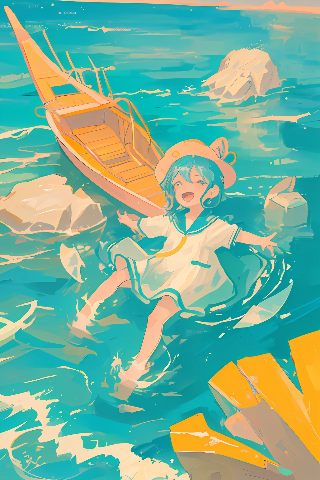 A child is having fun playing in the sea