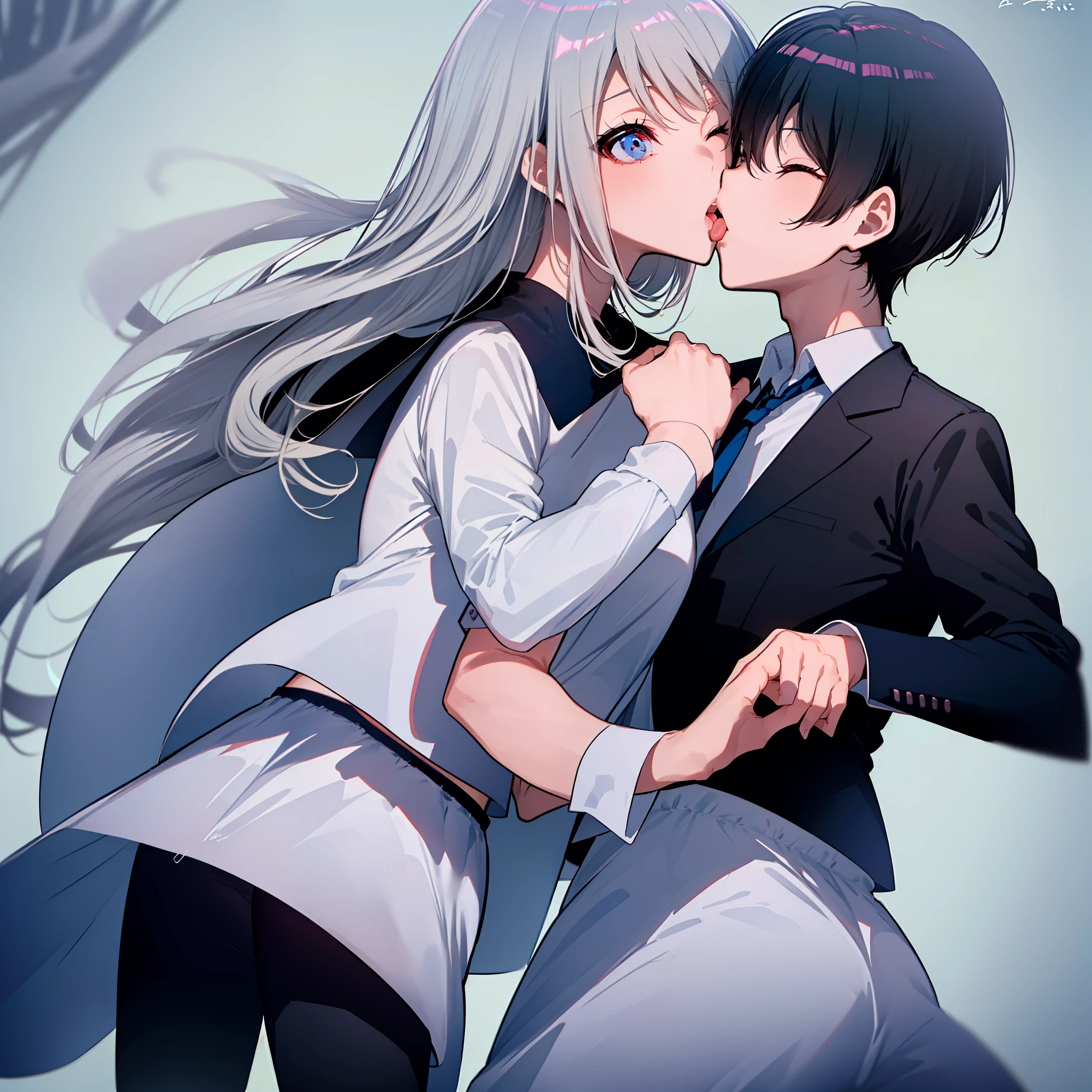 (((obra-prima))), (((melhor qualidade))), (((1Menina))), (((1menino))), alto, ((((((1boy with short black hair and 1girl with long gray hair are kissing)))))), ((((1girl she has gray hair with blue eyes and 1boy he has short black hair with red eyes who are classmates)))), ((((They have different hair colors and eyes do not confuse)))), (desenha Kei e kiyotaka ayanokouji olhando um para o outro), (2schoolmates who are Kei and kiyotaka ayanokouji looking at each other), (Kei1), (1Menina), (((((Ela tem olhos azuis))))), (ela tem cabelo longo), (ela usa um uniforme escolar), (ela tem fita), (ela tem franja), 鎖骨, ela tem cabelo grisalho, (ela tem faixa de cabelo preto), (she has neck tape), (cabelo entre os olhos), (She has medium breasts), (Tiroteio de Cowboy), (she is looking seriously at Kiyotaka Ayanokuji), (anatomicamente correto corpo inteiro), (is standing in the street with rain falling), (esta com uma cara triste e preocupada), (Full detailed scenario), (1menino), (Kiyotaka Ayanokuji), (adolescente de 15 anos), school uniform white shirt black jacket open jacket red tie long black pants seated, ((((ele tem olhos vermelhos)))), ((ele tem cabelo preto curto)), corpo inteiro anatomicamente correto, pernas normais, usa sapatos pretos, (ele esta olhando para Kei1 ou para a garota), ((He's in front of Kei wanting to give her a kiss with his eyes closed)) , (it's head on for Kei), (Cena emocionante), (misterioso), (Full scenario), ((((They're soaking up with a lot of passion and abrasion)))), ((((They are being wet by the rain along with their clothes)))), ((Their bodies are anatomically correct and detailed without errors)), (((Tongue kiss)))