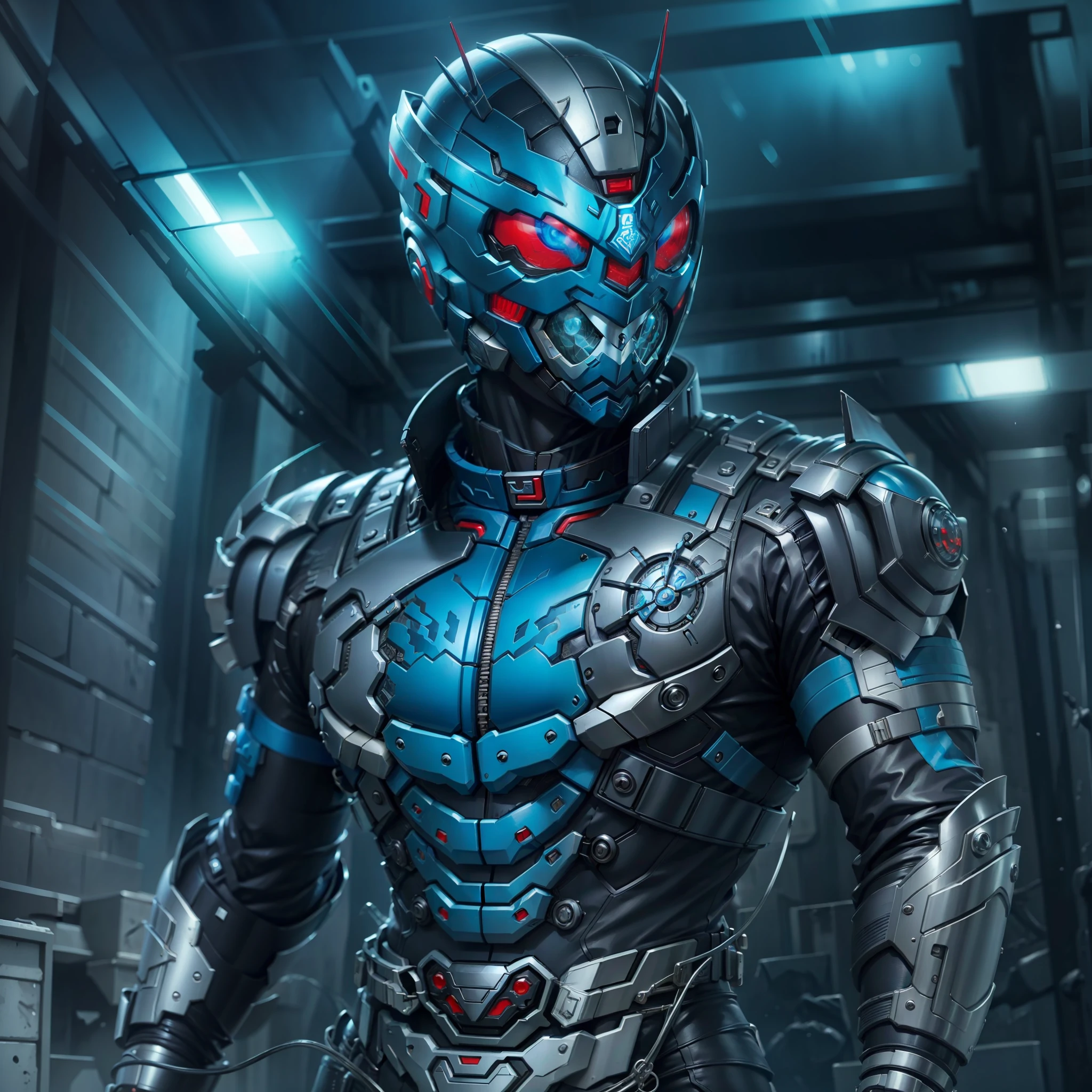 Blue Kamen Rider, Armadura prateada, roupa cinzenta e preta, blue TechSuit, agente secreto, Roboto