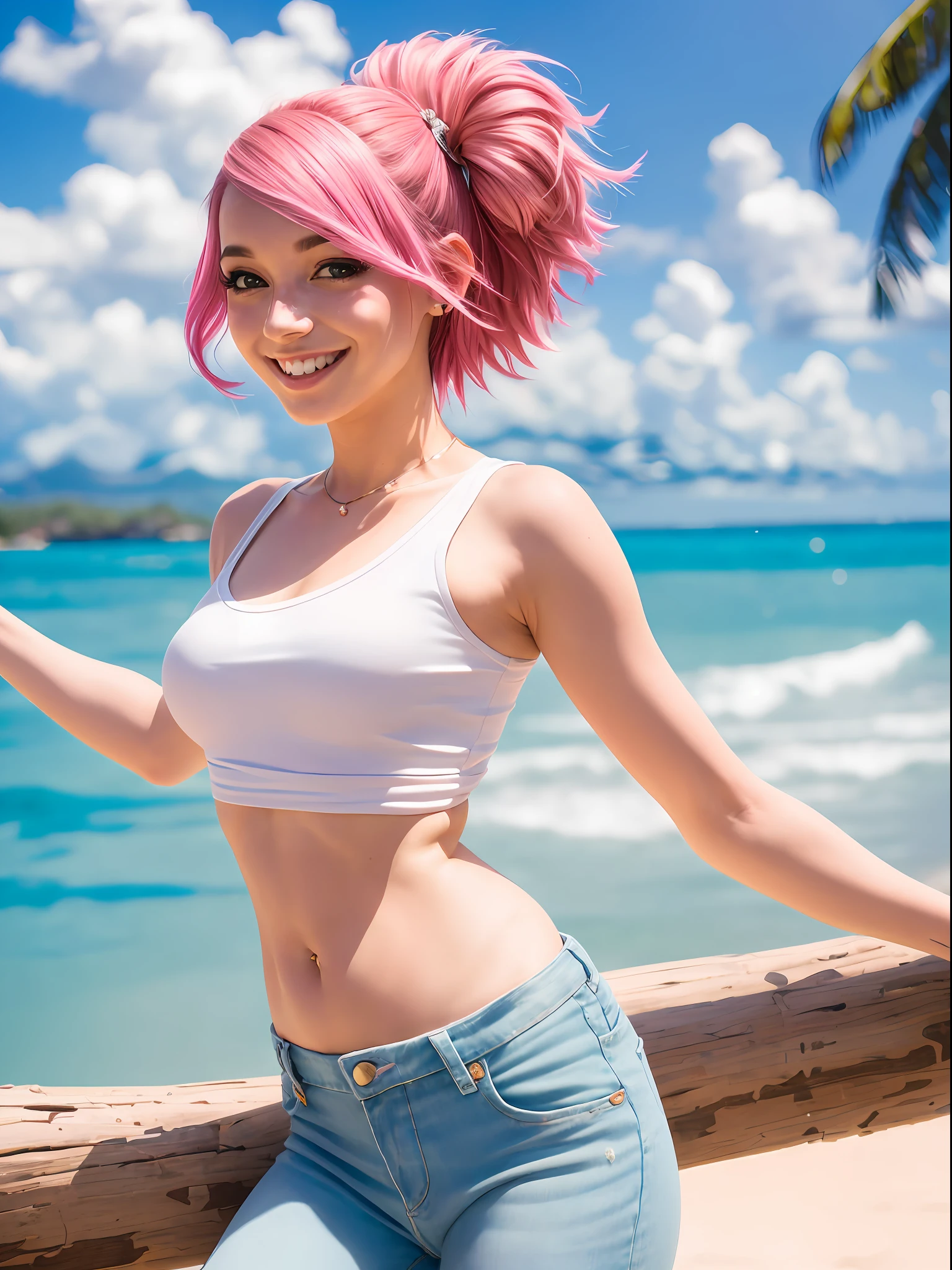 (A single young hopeful woman with vibrant pink hair, striking a graceful and feminine pose) is on a tropical island, solo, happy, with a light smile, wearing a cropped white shirt and jeans.