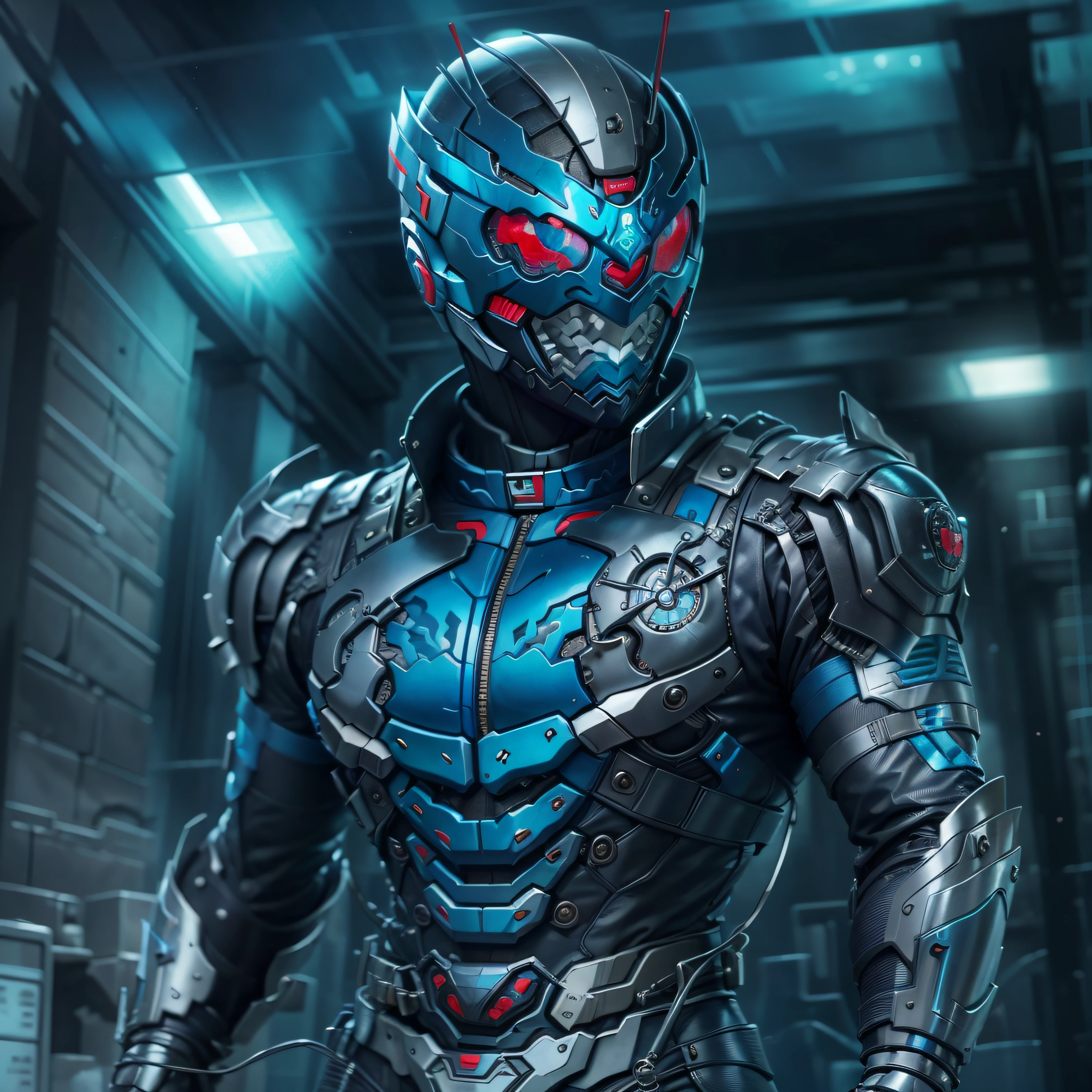 Blue Kamen Rider, Armadura prateada, roupa cinzenta e preta, blue TechSuit, agente secreto, Roboto