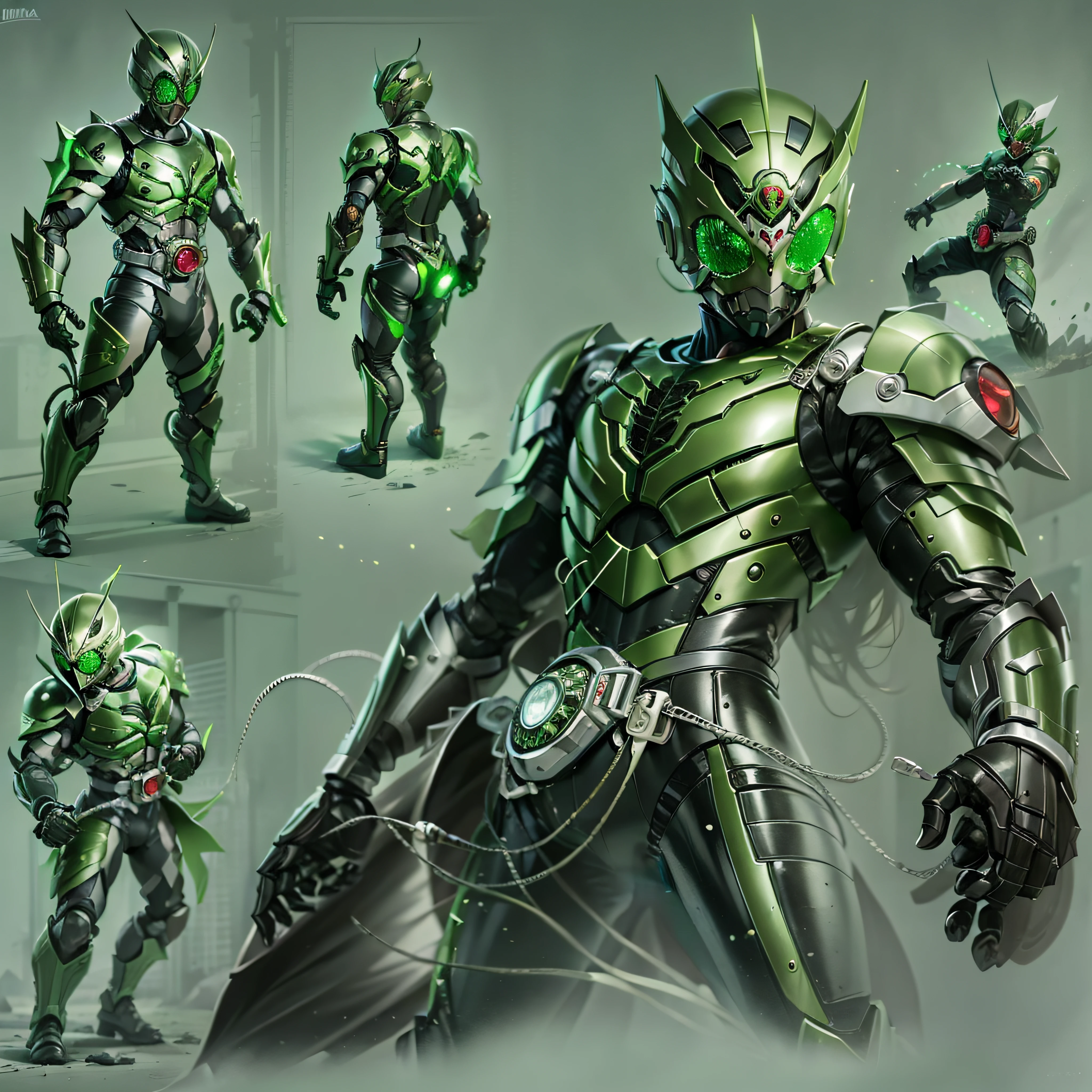 Green Kamen Rider, Armadura prateada, roupa cinzenta e preta, green TechSuit, agente secreto, Roboto