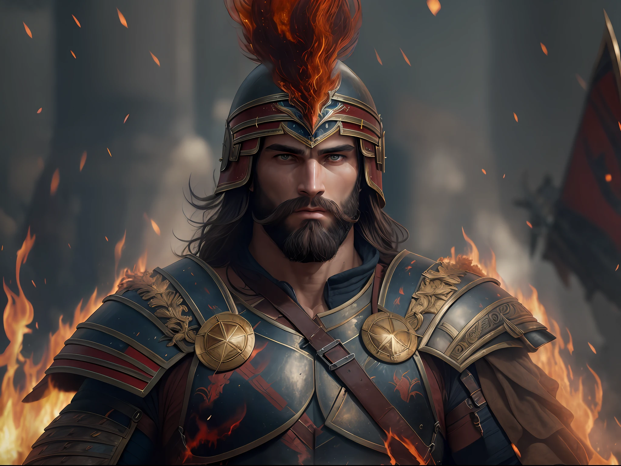Realistic photo of a unique Greek God Ares, (Beautiful man), (looking at camera), (European man, 30 years old), (mighty and imposing figure), (Tall and muscular), (Well-built body), (warrior's clothing), (traditional ancient Greek armor), (helmet, cuirass, greaves and shield), (armor adorned with symbols of war), (War helmet adorned with a red crest), (Fiery eyes), (Battle posture), (Manicured beard), (Divine radiance), war landscape. Professional photo, waist up photo, ultra sharp focus on the woman. RAW analog photography, 80mm f2.8 lens, masterpiece, best quality, ultra detailed, 8k, intricate details, minute details , details depiction, cinema scene, realistics details, --ar 4:3 -imagine --lora --lyriel --semi-realistic