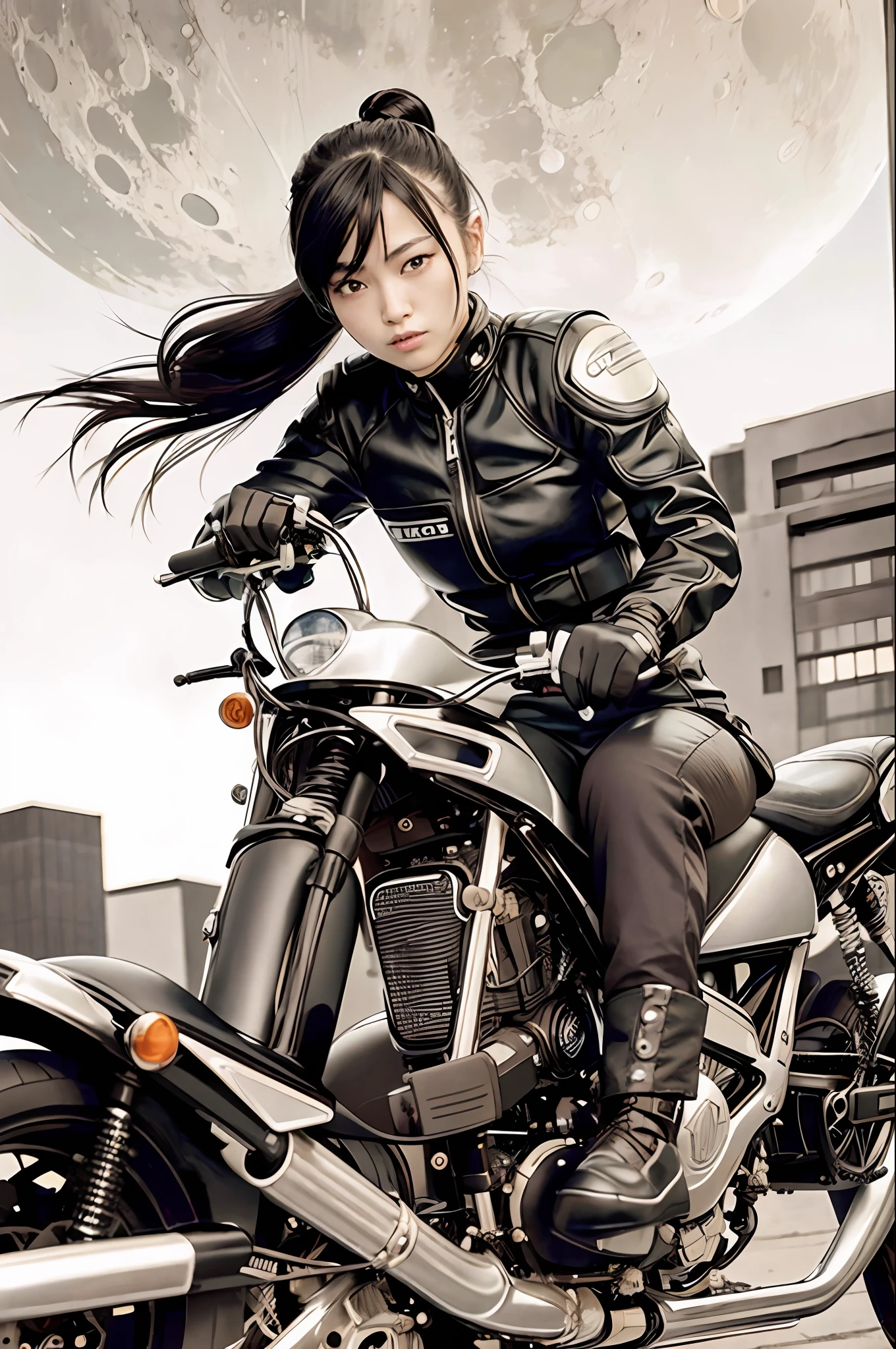 best quality, masterpiece, photo, 4K, photorealistic, highly detailed,
1girl riding motobike, techwear, cyberpunk city, solo, futuristic, huge moon in the background, black and white, by Akira Toriyama, closeup,
