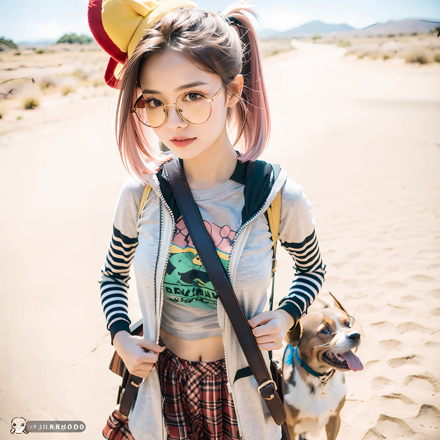 Mulher de 20 anos, o, cabelo rosa, cockle, yellow hat, Round Eyewear, mochila com cachorro dendro, fundo de parque