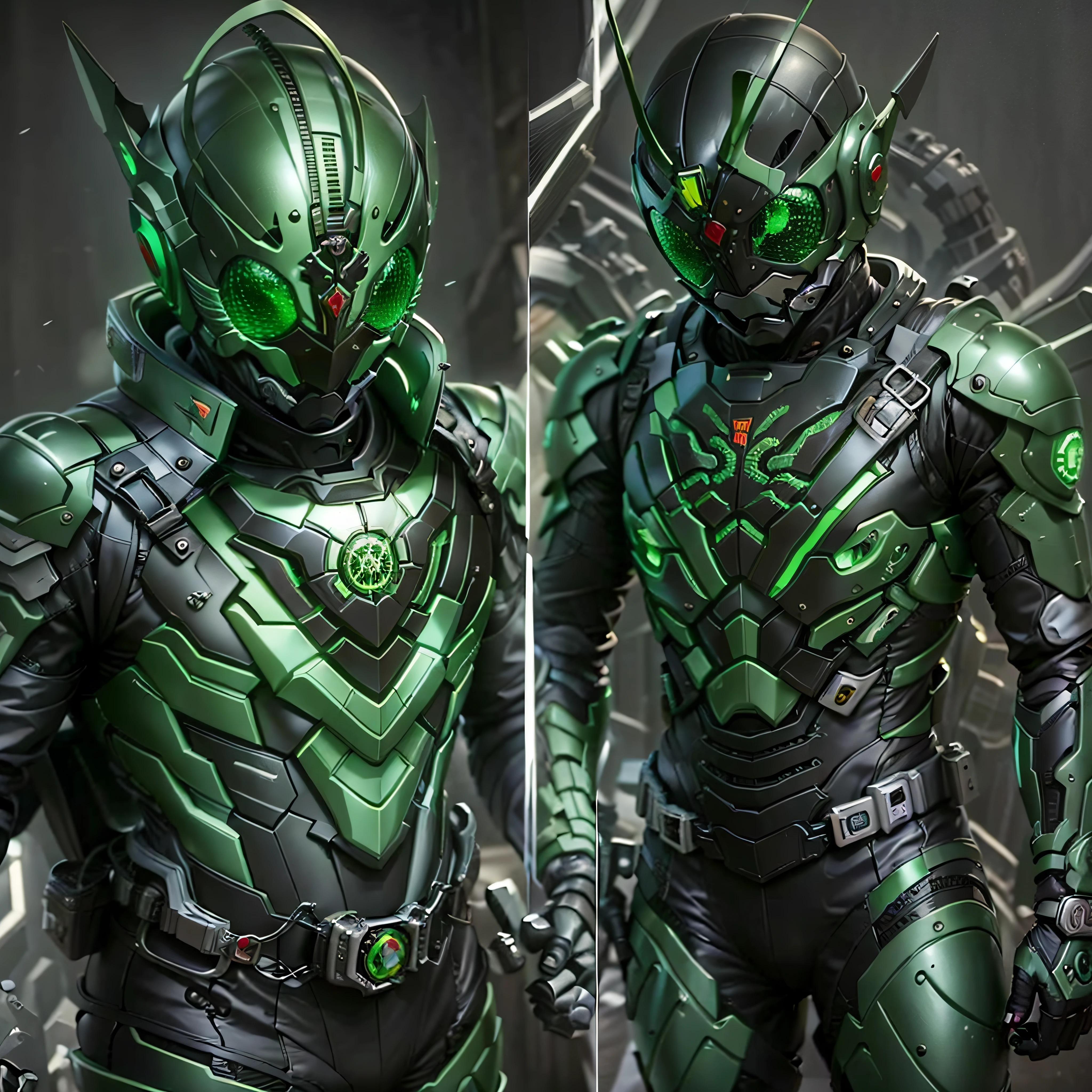 Green Kamen Rider, Armadura prateada, roupa cinzenta e preta, green TechSuit, agente secreto, Roboto