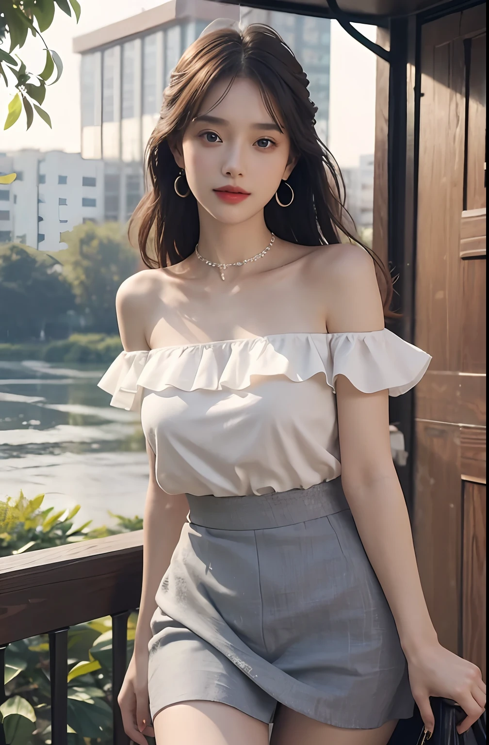 ((jon,the hair)), Stand up, (An extremely delicate and beautiful work), (tmasterpiece), 1girll, JK skirt,Shoulders are heavy,beautifullegs, highly detailed, long whitr hair,full bodyesbian, Enchanted smile, beautiful and clear eyes, delicatenecklace, Delicate earrings, Extreme detail description, big breasts beautiful,s delicate face, fine collar bone,lovely lips, Behind the softness, mix4,(8K, RAW photos, best qualtiy, tmasterpiece:1.2), (realisticlying, photograph realistic:1.4), 1girll, adolable, Square after heavy rain,physically-based renderingt, full bodyesbian