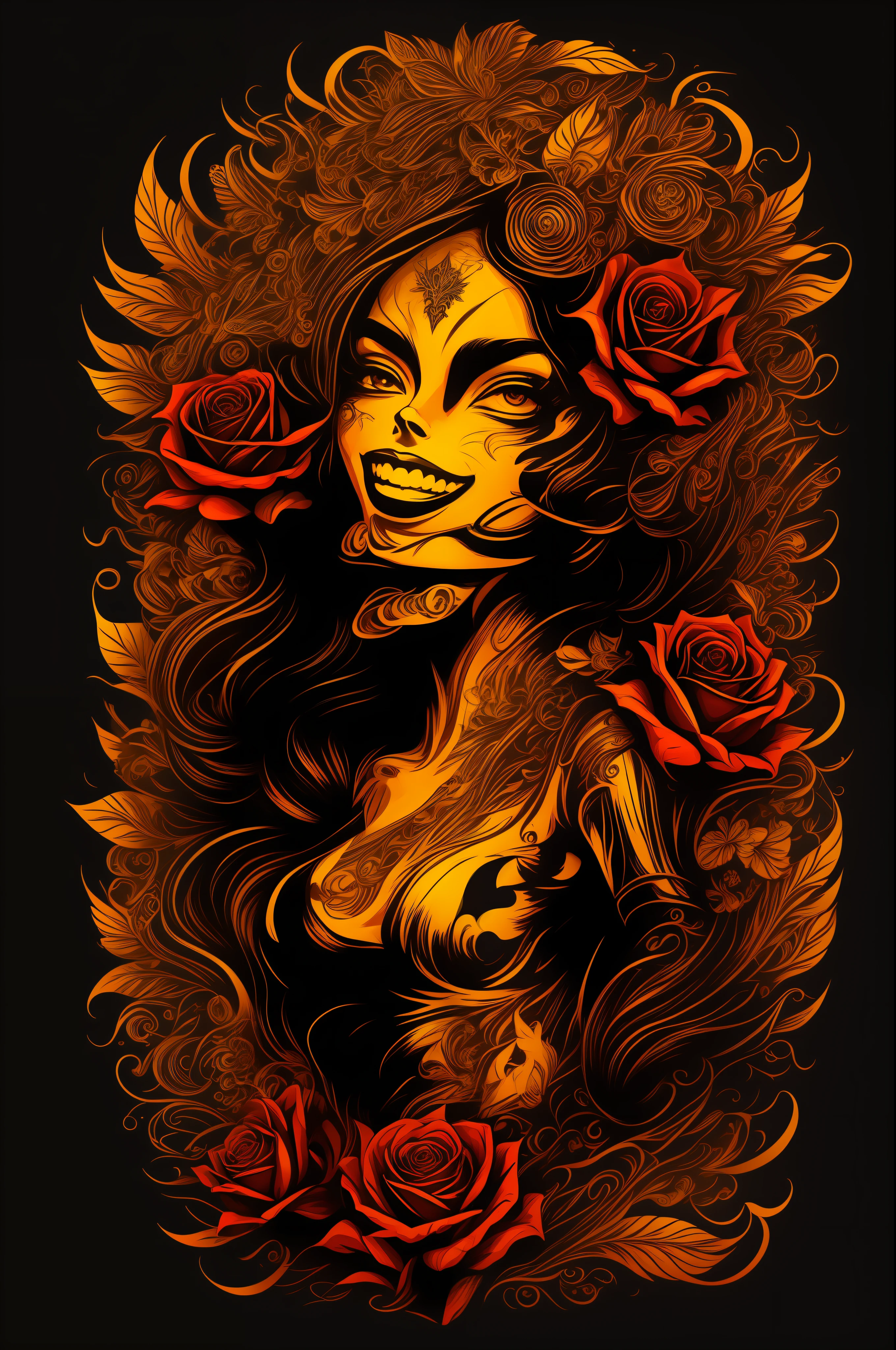 (High quality Chicano airbrush art),(masterpiece, best quality, ultra-detailed),ultra-detailed,8K resorution,(full-length portrait),(black background),(symmetrical),(Vertical symmetry),(beautiful woman, malicious smile)),((brightly colored)),t-shirt design,roses, gold and black, symmetrically placed on both sides,(detailed additions),(iconography),(Lavi Zupa:1.2),high contrast