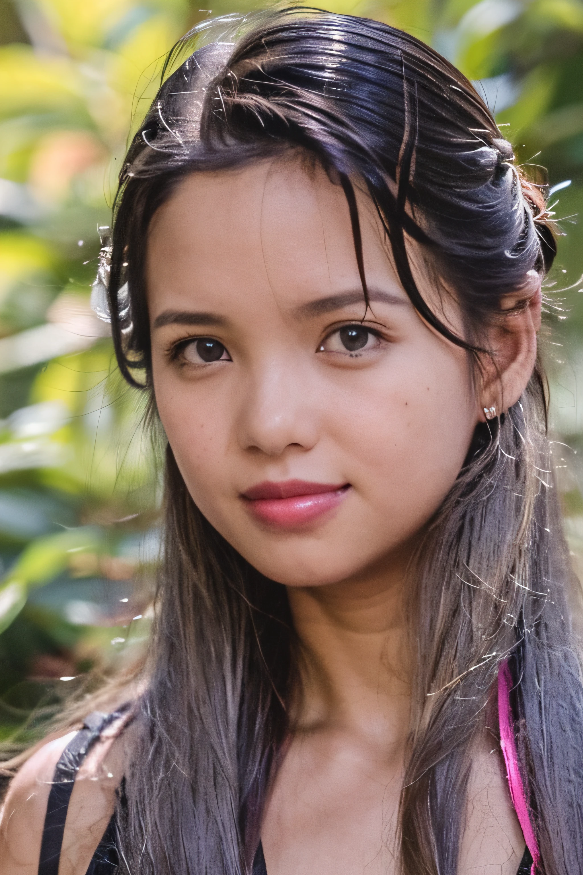 masterpiece, best quality, 1girl, long_hair, light smile, blunt bangs, looking at viewer, selfies, cowboy shot,(shot_hair:2),
(realistic:1.5), cinemagraph, sharp facial skin