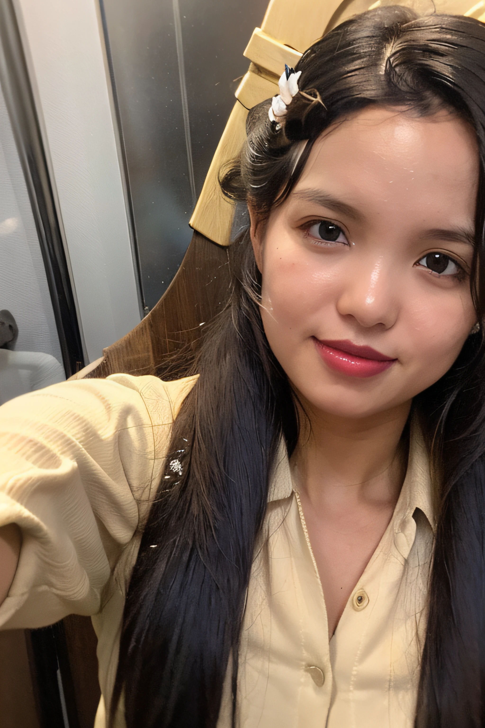 masterpiece, best quality, 1girl, long_hair, light smile, blunt bangs, looking at viewer, selfies, cowboy shot,(shot_hair:2),
(realistic:1.5), cinemagraph, sharp facial skin