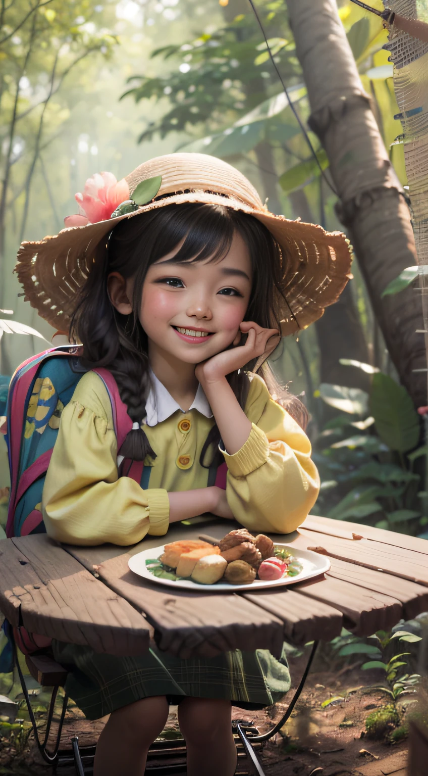 A  girl with delicate facial features is camping in the forest, there is a bunch of delicacies on the table in front of her, the littlehas a happy smile on her face, the table is surrounded by parrots, and there is a tent in the background