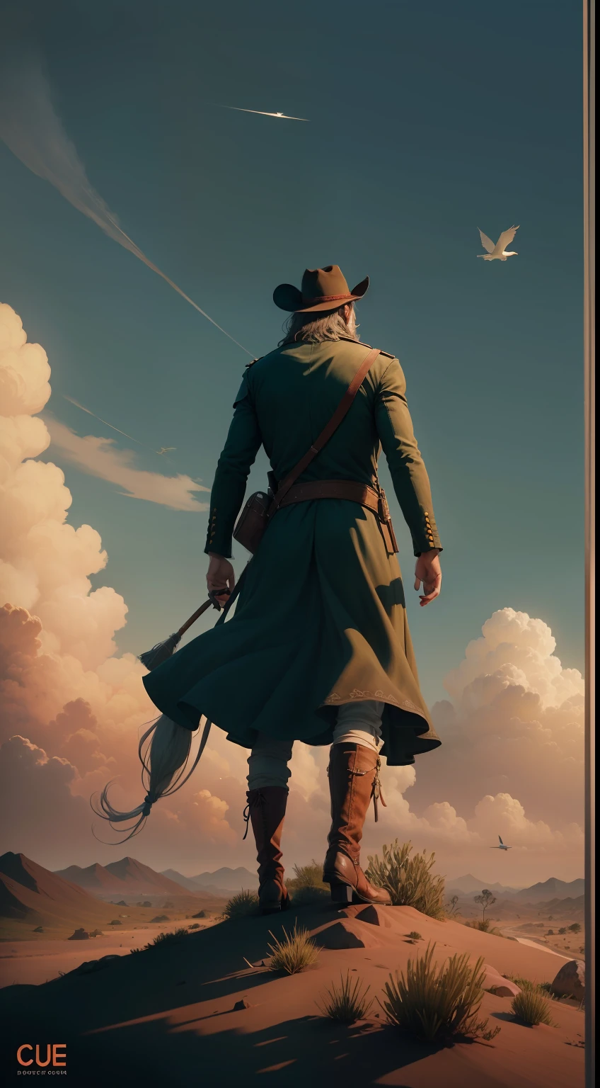 Velho oeste, 6 pessoas de costas para o horizonte, Red Dead Remdeption, ceu escuro, silhuetas pretas, perspectiva de cima pra baixo, floating into the sky, lua grande