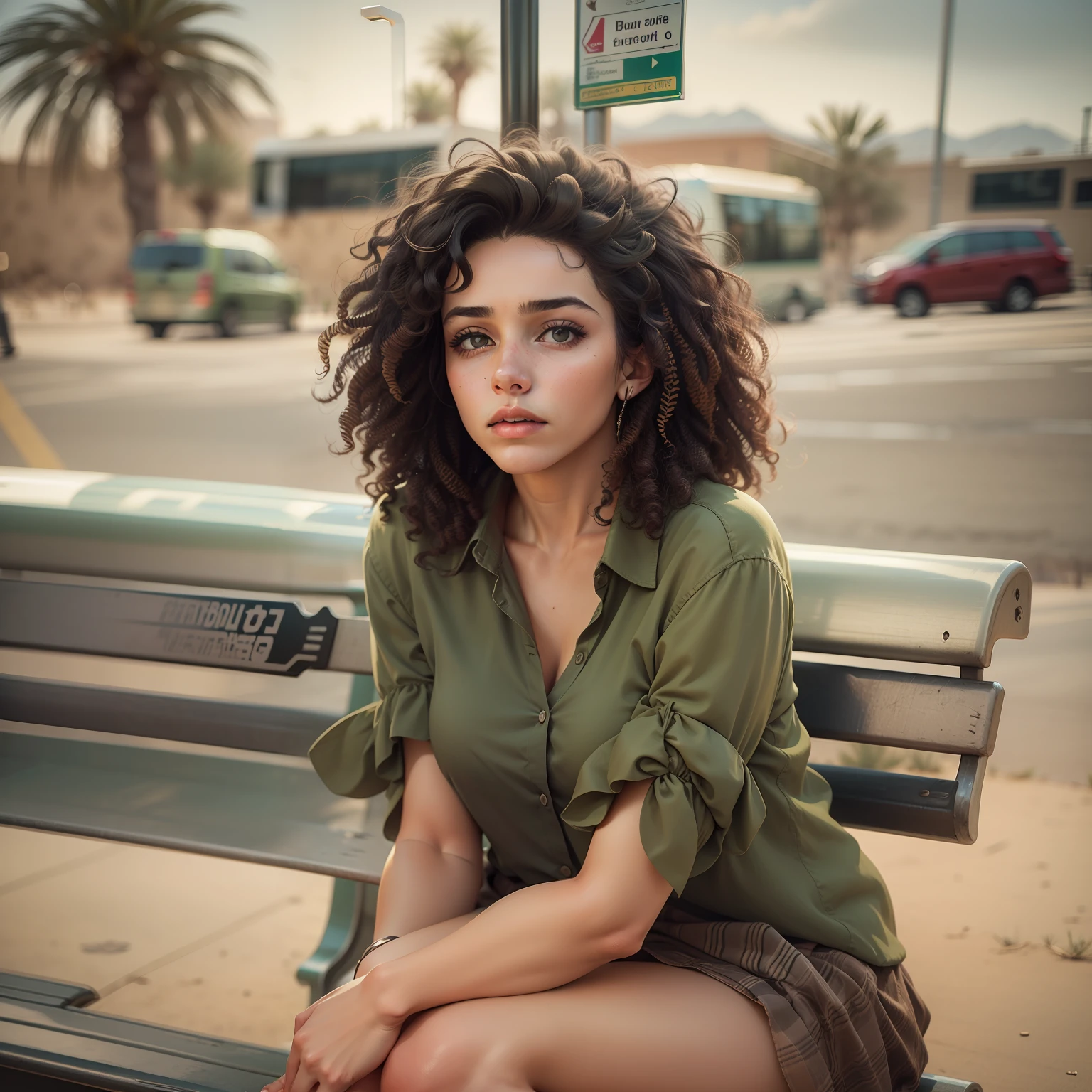 realistic image of a beautiful 25-year-old woman, black and curly hair, dressed in an olive green blouse, sitting on a bench at a bus stop located in a city in the desert, sad expression