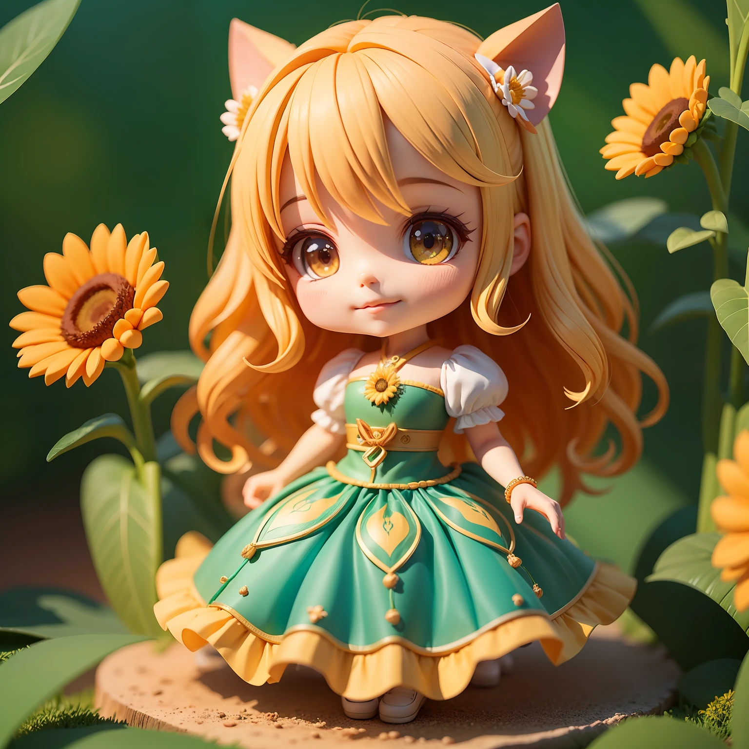 Obra-prima, melhor qualidade, muitos detalhes, (corpo inteiro: 1.2), chibi, bird girl, Sunflowers, cabelo colorido claro, Magical long dress with gliter and flowers, brisa suave, sorriso encantador, olhos detalhados lindos intenso, jardim secreto, 3D-rendering, Q printing style
