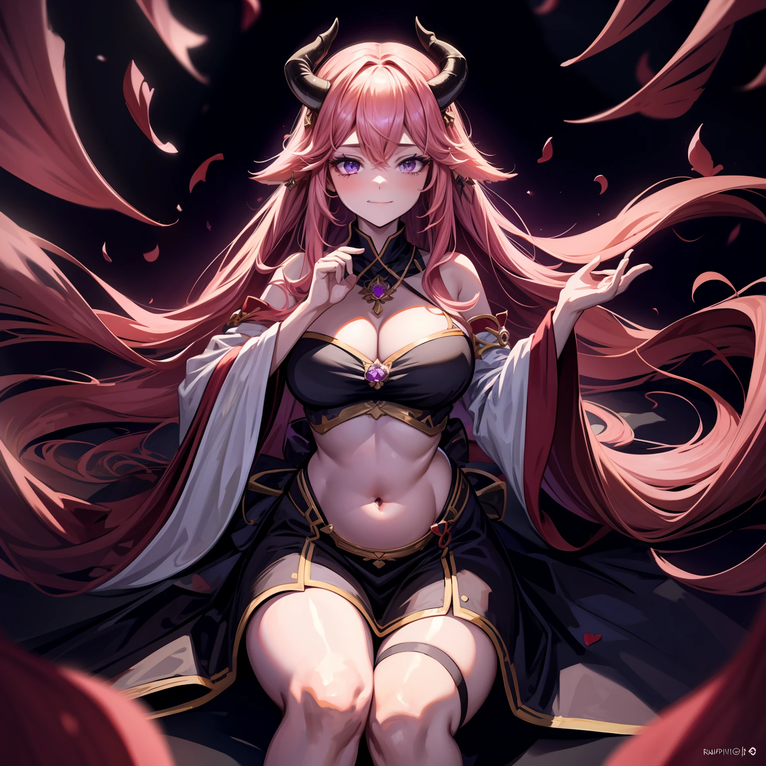 A female demon milf with black demon horn, vestido transparente molhando, belly belly button visible, belly visible, ((demon horn)), cabelo de rapunzel cor-de-rosa extremamente longo, ((Cabelo de rapunzel cor-de-rosa)), with purple mist with purple energy particles and floor with red liquid, raposas, thunders, magia de raios, corpo volumoso com seios e busto enormes, ((seio e busto enormes)), olhar perverso e vazio sem brilho nos olhos olhando para o espectador, proeminentemente em suas pernas e seios;, destaque nos seios e no cabelo, Pose sexy, Pose sexualizada, agarrando os seios ;, Moda realista, sysie high definition details, fotografia, perspicacity, unique 850 4, Koda850 k portrait camera, Primavera F1.6, cores ricas, Textura super realista, textura de luz espetacular, arte surreal, Cinestil 800 mecanismo de moda.