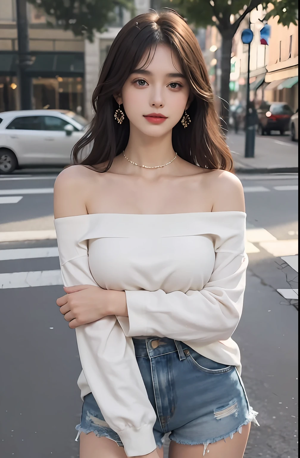 （（jon，the hair））， Stand up， （An extremely delicate and beautiful work）， （tmasterpiece）， 1girll， Delicate off-the-shoulder top，Delicate denim shorts，beautifullegs， highly  detailed， long whitr hair，full bodyesbian， Enchanted smile， beautiful and clear eyes， delicatenecklace， Delicate earrings， Extreme detail description， big breasts beautiful，s delicate face， fine collar bone，lovely lips， Behind the softness， mix4，（8K， RAW photos， best qualtiy， tmasterpiece：1.2）， （realisticlying， photograph realistic：1.4）， 1girll， adolable， the street，physically-based renderingt， full bodyesbian