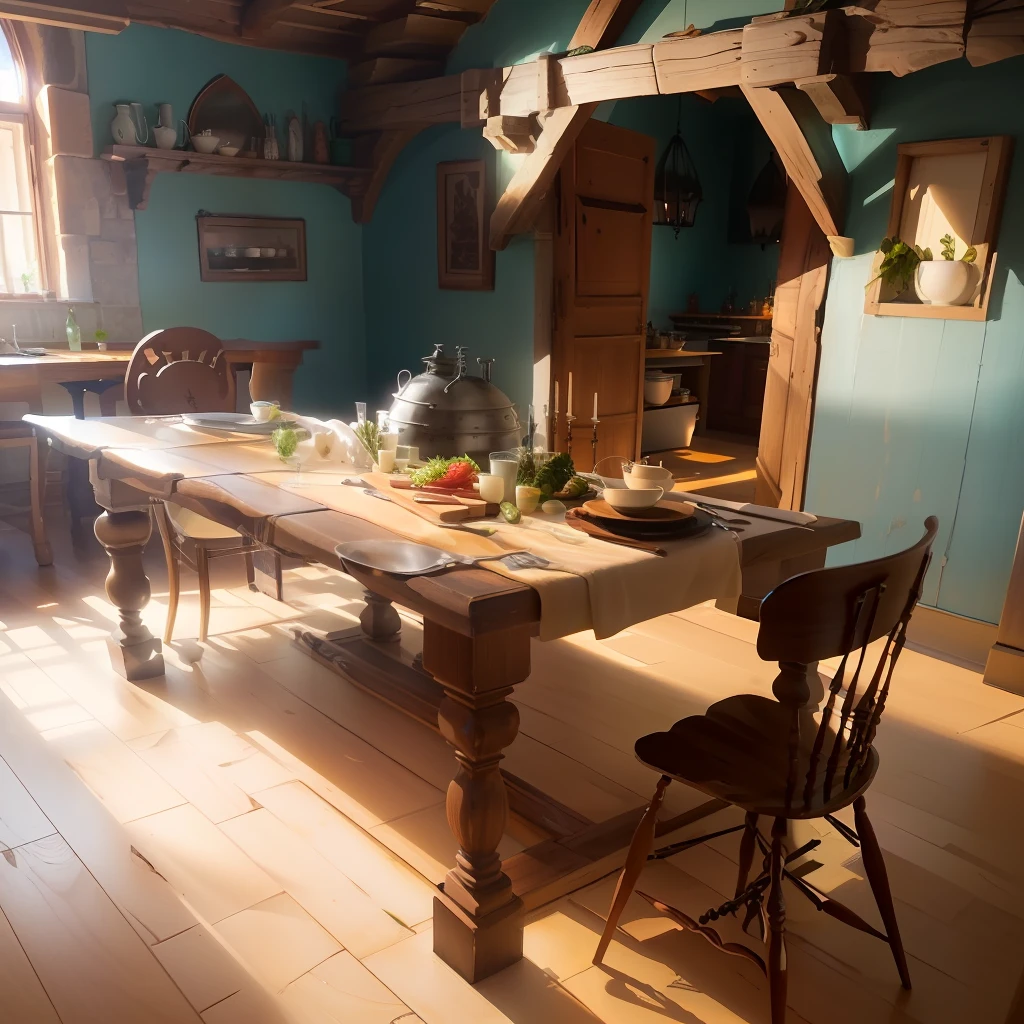 Mesa, cadeira, cozinha, medieval, taberna, comida, perspectiva, panela no fogao