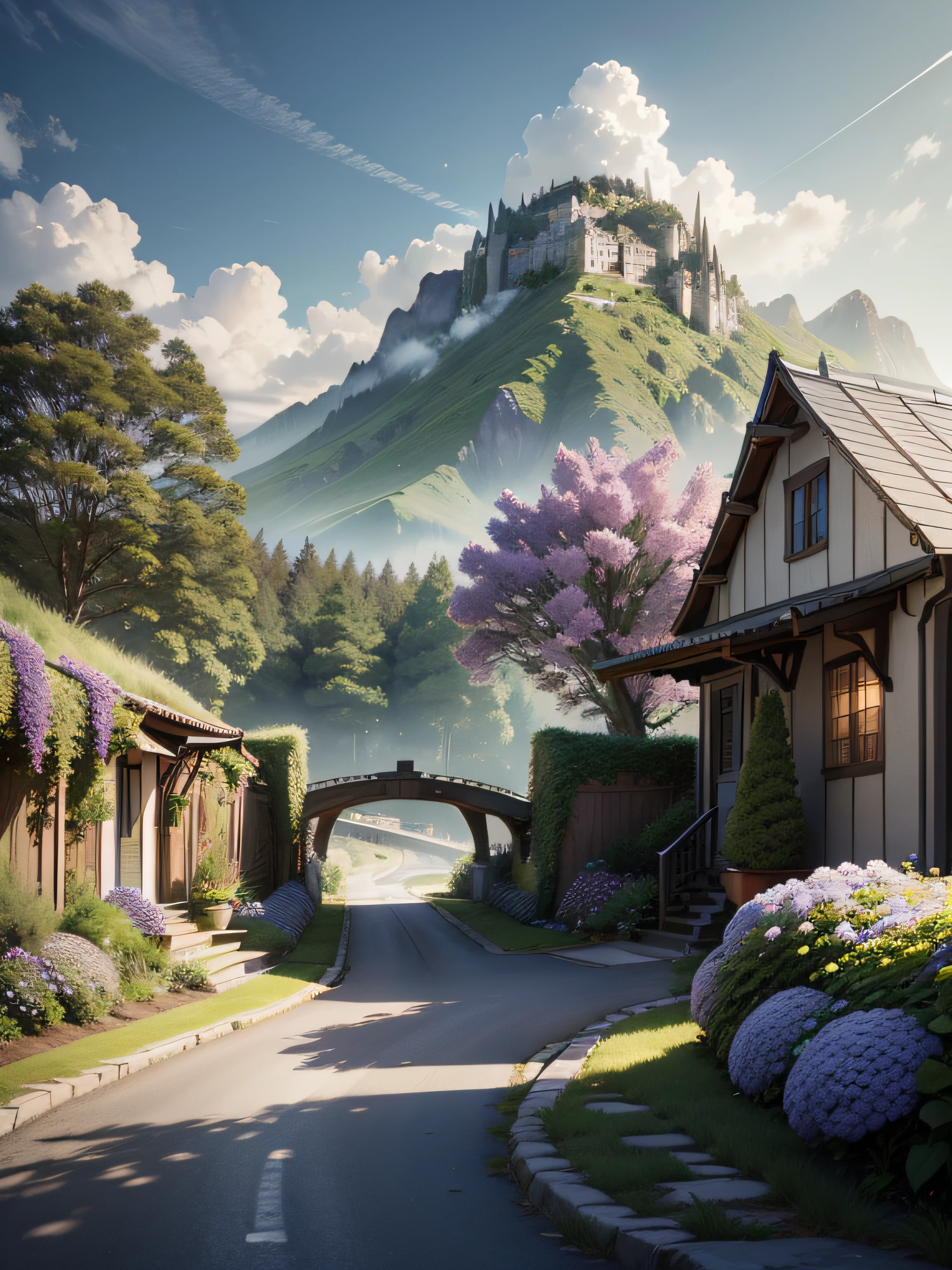 (ultra high res, photorealistic, best quality, photo-realistic),(8k,raw photo,best quality, masterplece),(photon mapping, radiosity, physically-based rendering, automatic white balance), photograph, bridge, building, bush, city, cloud, day, door, fence, field,orest, garden, grass, house, hydrangea, mountain, nature, no_humans, outdoors, path, plant, potted_plant, purple_flower, road, scenery, sky, skyscraper, traditional_media, tree