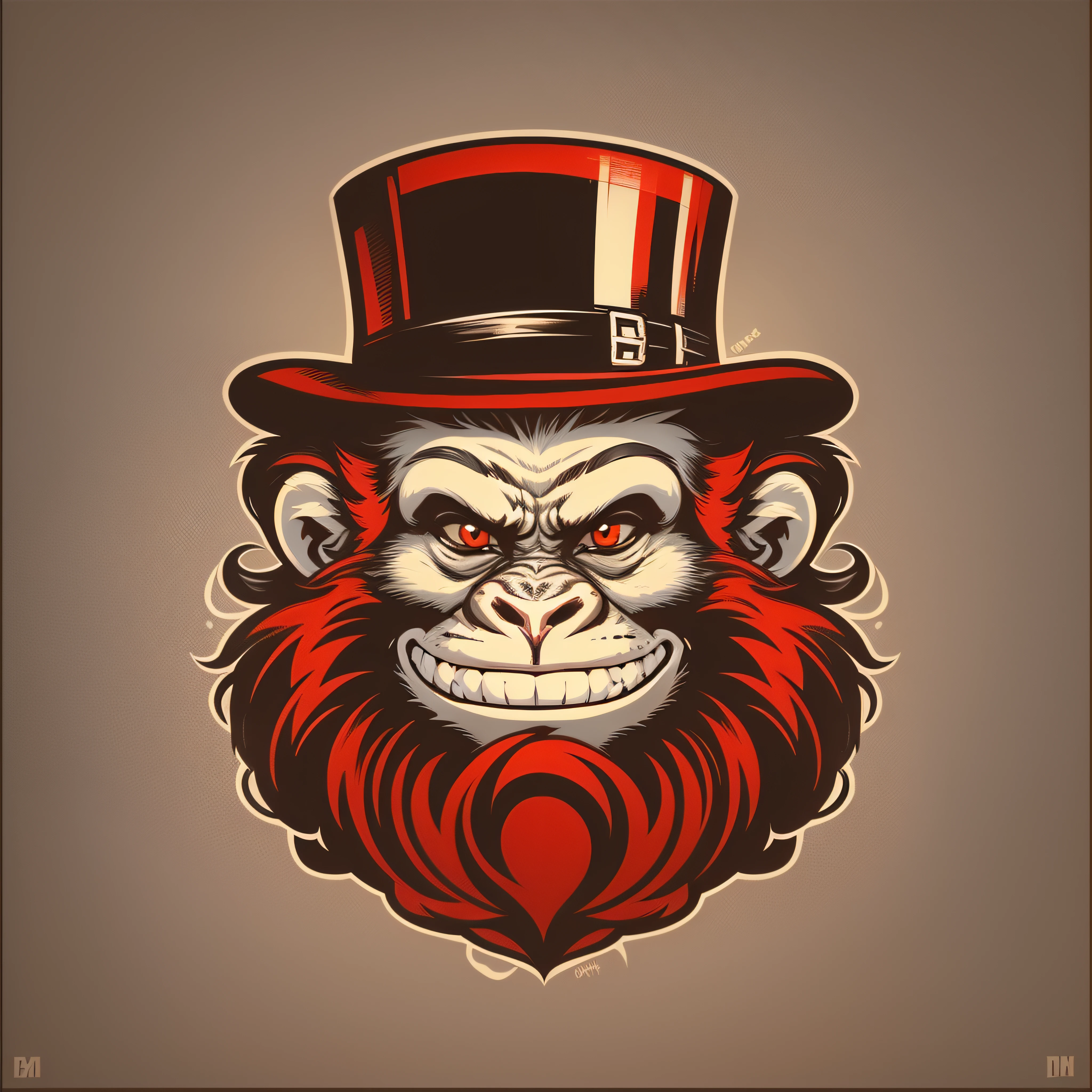 "Generate a modern logo with a unique graphic style, com um macaco velho com uma longa barba vermelha, wearing a top hat with a sarcastic smile and stylized confident look and bold lyrics from 'OldMonkey INK' in contrasting colors."Image with a resolution of at least 300 dpi