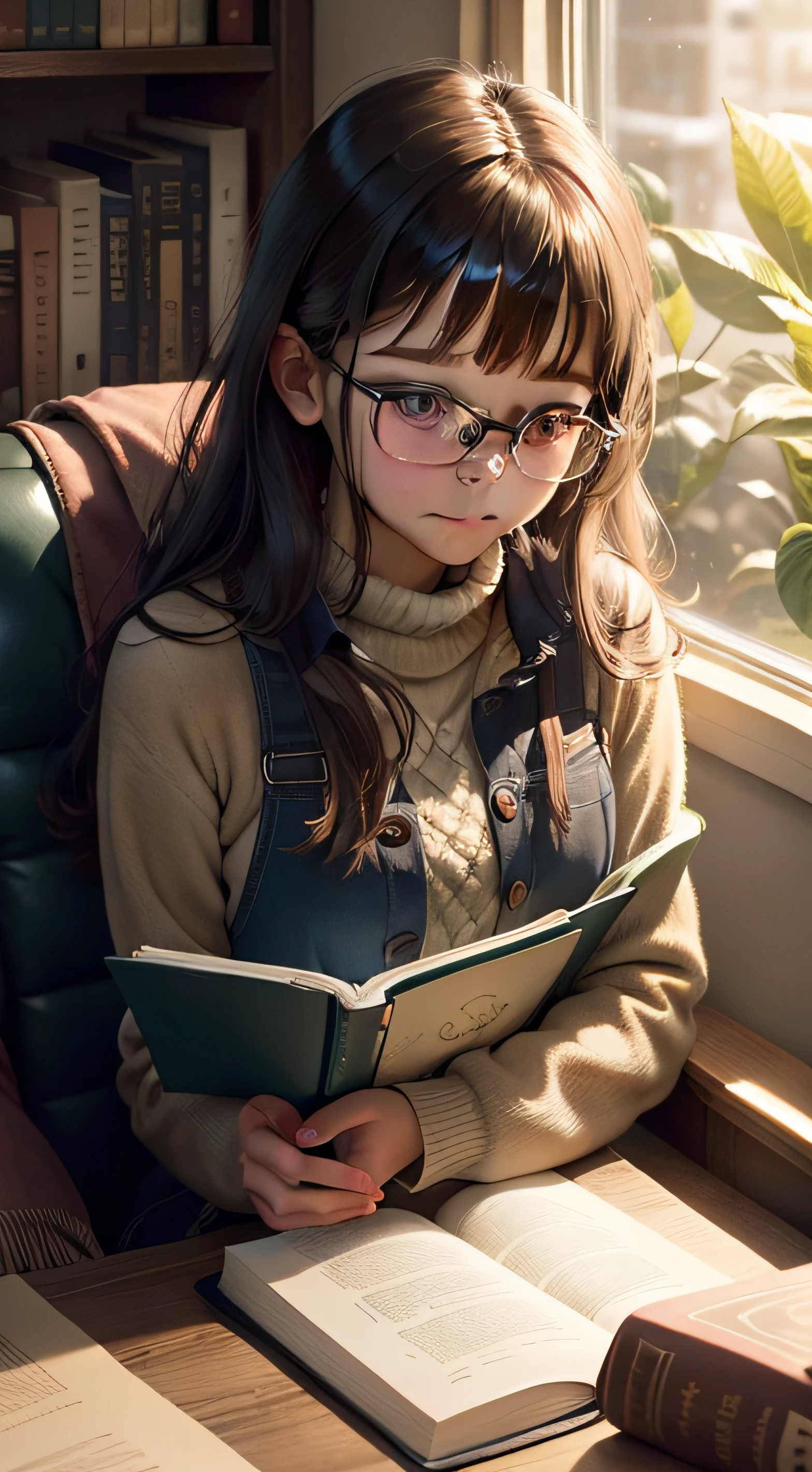 A girl wearing glasses and sitting in a cozy armchair inside a bookstore. She is immersed in reading a book, holding it gently in her hands as her curious gaze takes in every word. The shelves around you are filled with colorful books, creating a charming setting. The soft light coming in through the windows illuminates the space, highlighting the expression of concentration and delight in immersing herself in the stories she discovers on the pages.