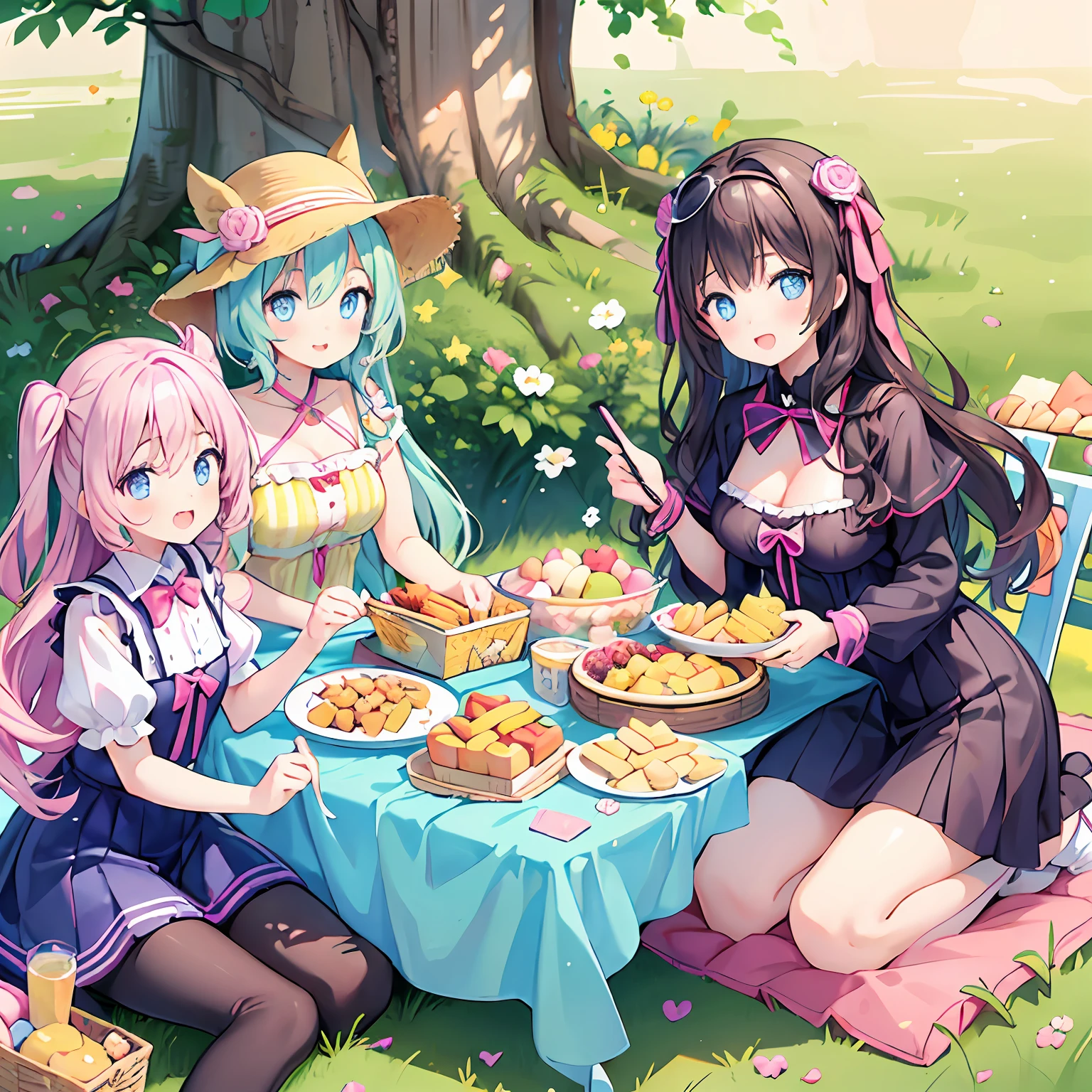 masterpiece, (2girls and 2girls and 2girls and 2girls at picnic), idol, big eyes, kawaiitech, kawaii, cute, pastel colors, best quality, happy, deep background, symmetrical, tilted head, summer